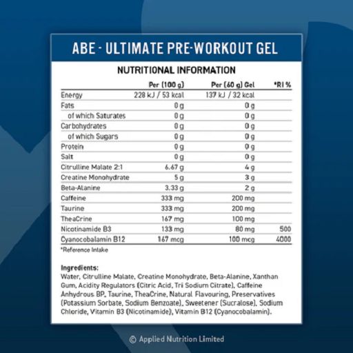 Nährwertinformationen für ABE Ultimate Pre-Workout Gel. Enthält Angaben zu Energie, Fett, Kohlenhydraten, Protein, Salz, und Inhaltsstoffe.