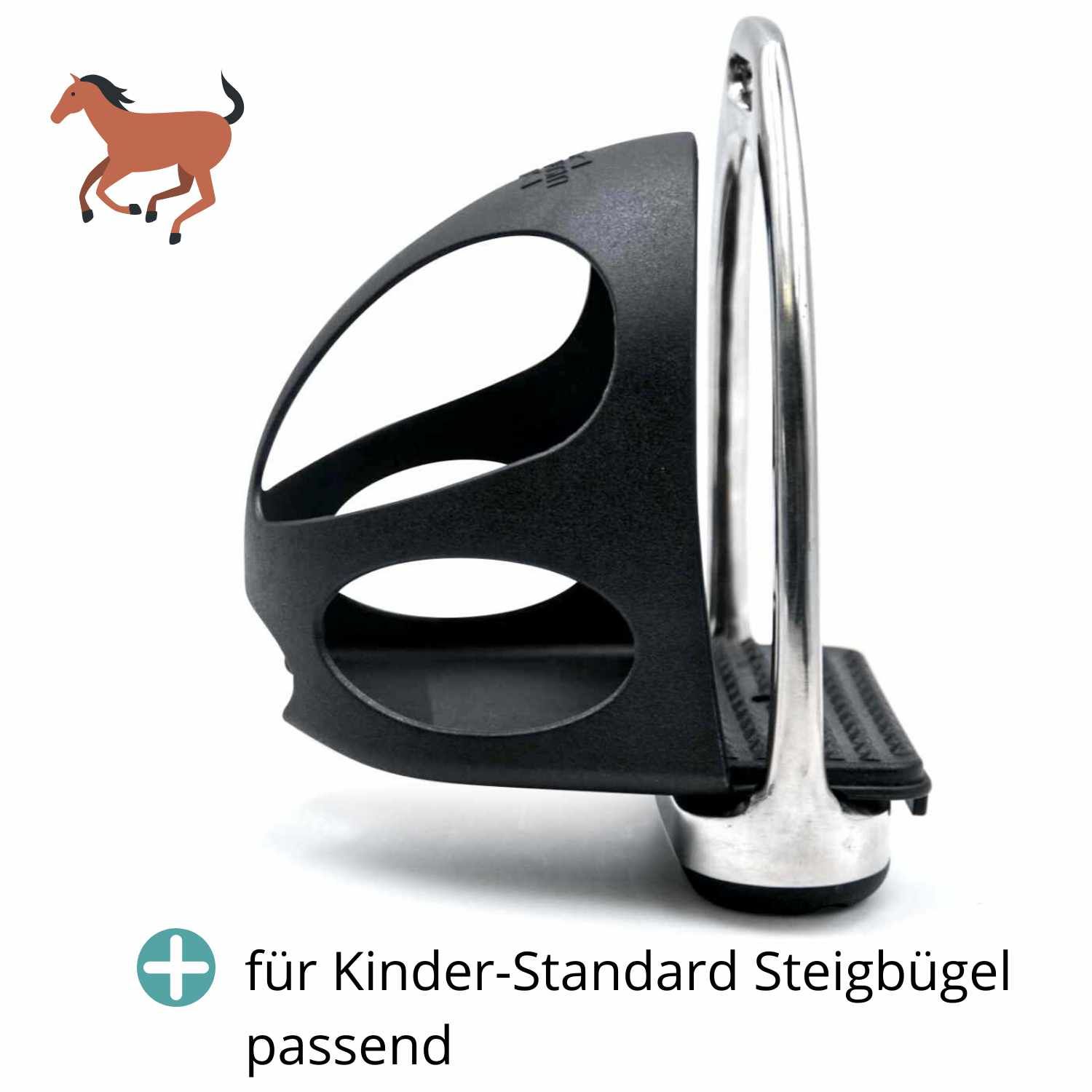 Schwarze Steigbügeleinlage mit silbernem Steigbügel. Für Kinder-Standard Steigbügel passend.