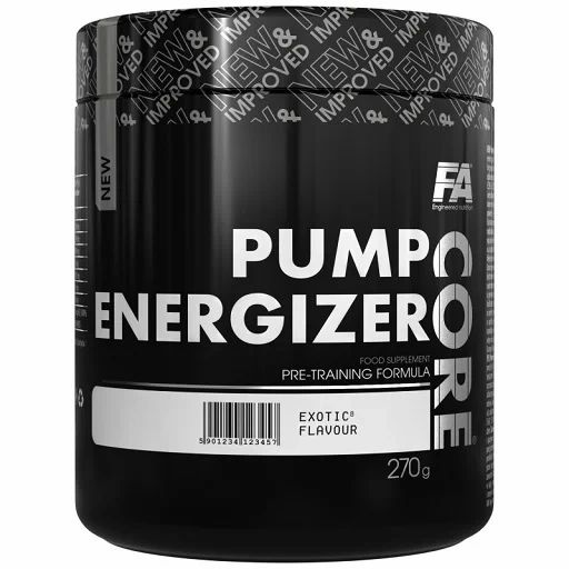 Schwarze Dose mit weißer Aufschrift "PUMP CORE ENERGIZER". Text: "EXOTIC FLAVOUR", "270g". Marke: FA Nutrition.