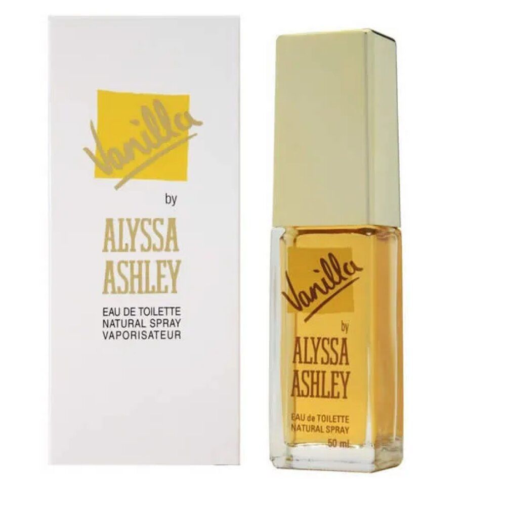 Alyssa Ashley Vanilla Eau de Toilette Spray. Flakon und Verpackung. Weißes Etikett mit gelbem Akzent. Text: Vanilla, Alyssa Ashley.