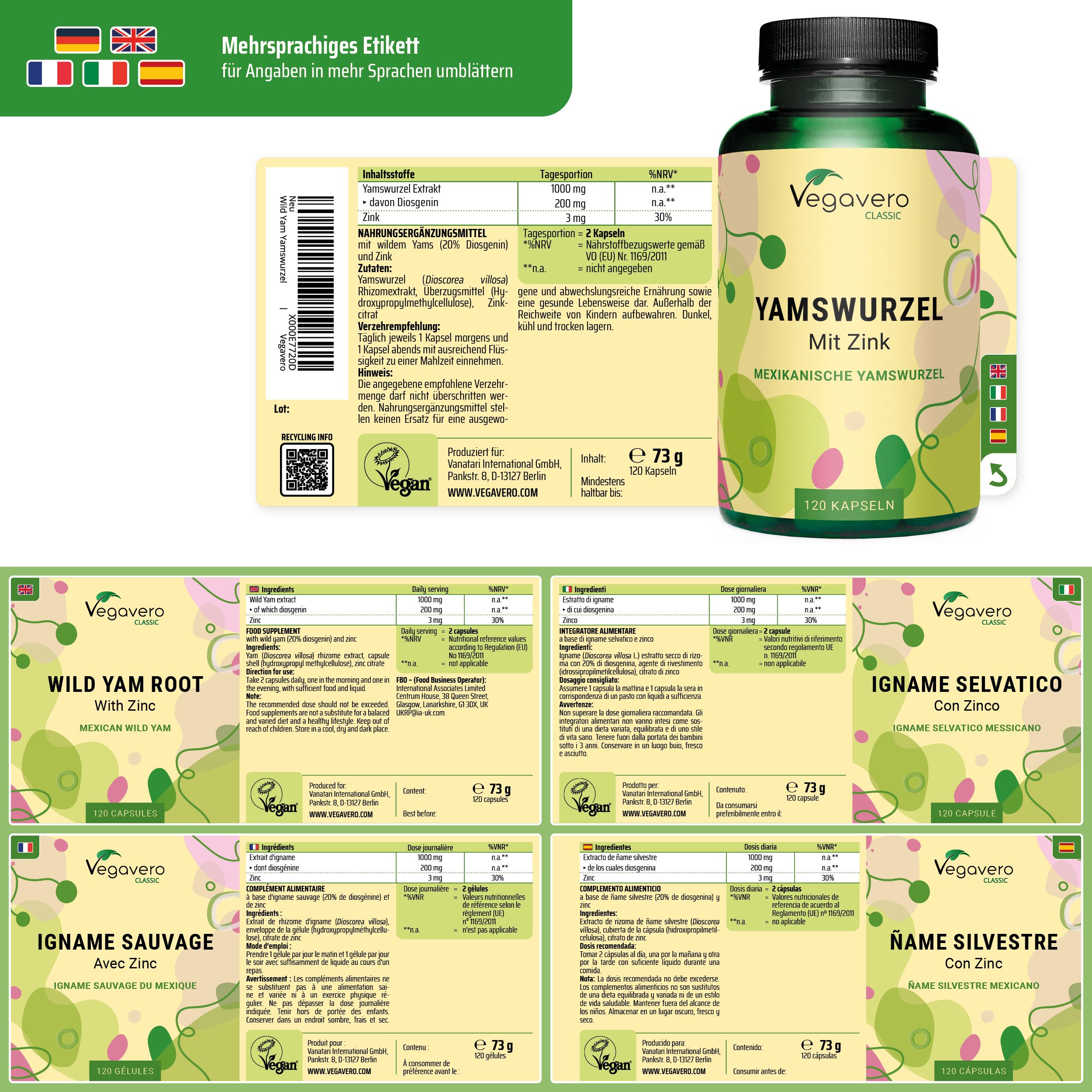 Verpackung mit mehrsprachigem Etikett und Dose Vegavaro Wild Yams + Zink.