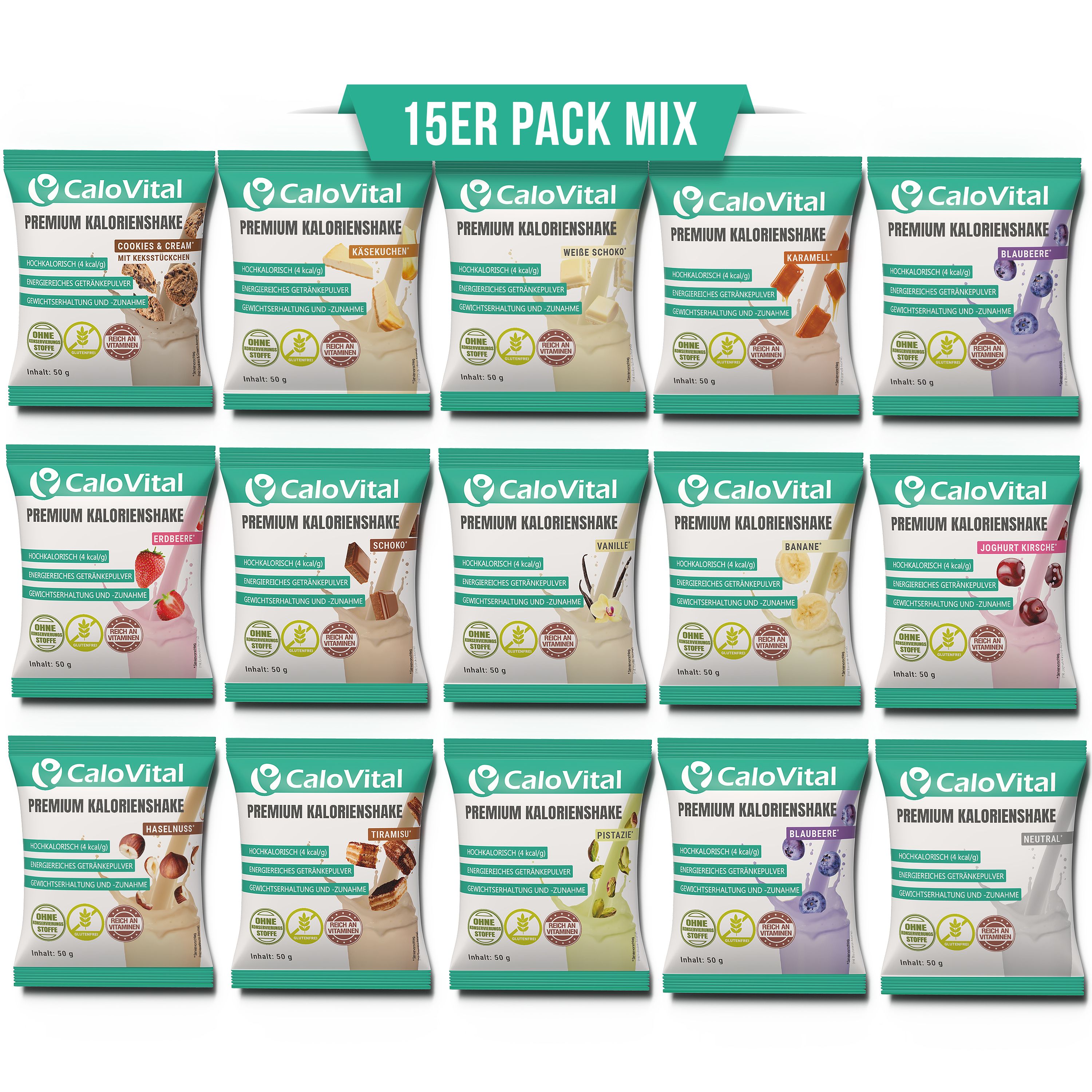15er Pack Mix von CaloVital Premium Kalorienshake. Verschiedene Geschmacksrichtungen in Beuteln.