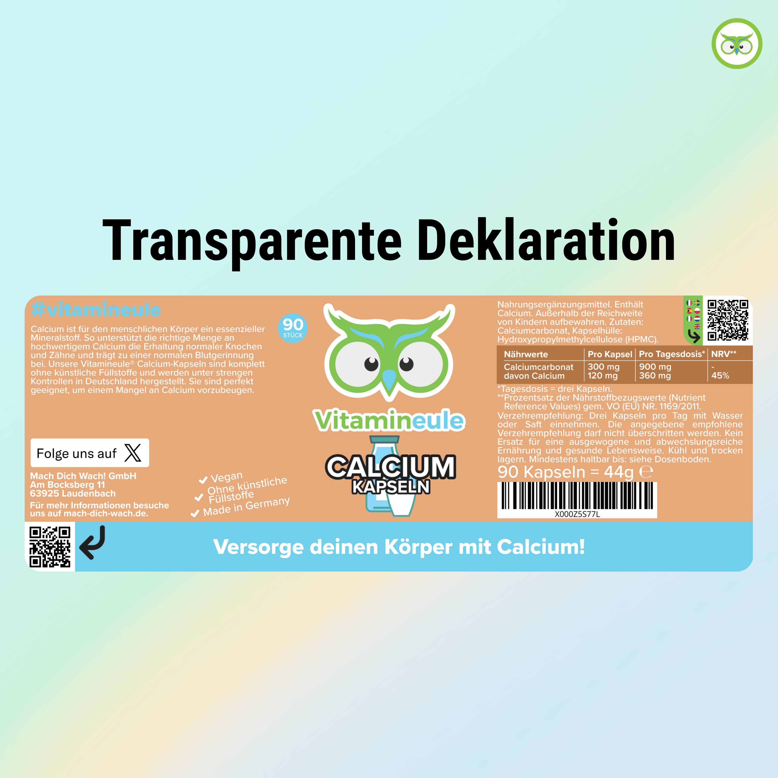 Etikett mit Produktinformationen. Aufschrift: Calcium Kapseln, Vitamineule®. Nährwerttabelle, QR-Code, Vegan, Made in Germany.