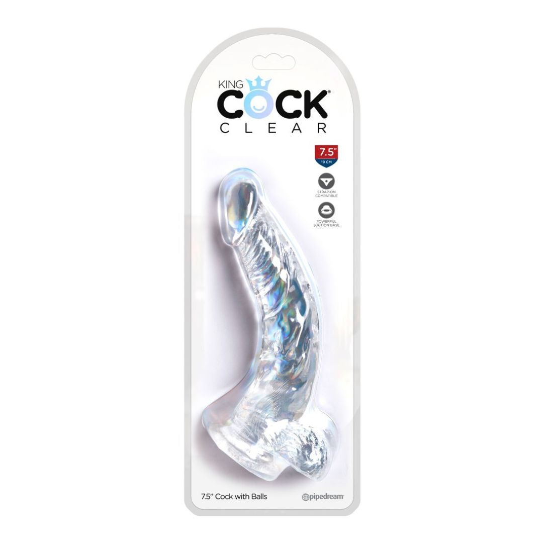 Verpackung mit klarem Dildo. Marke King Cock Clear. Produktname und Größe auf der Verpackung.