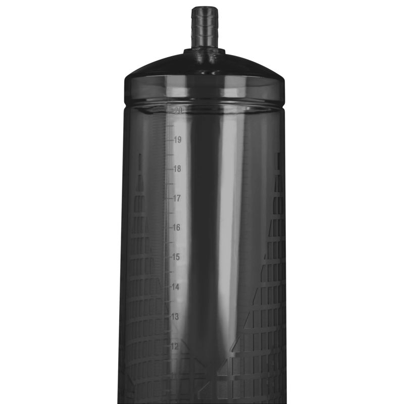 Schwarzer Zylinder mit Messskala. Oberteil mit Anschluss. Transparentes Material.
