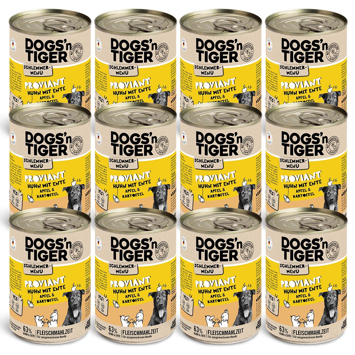 Mehrere Dosen Hundefutter, mit Etiketten. Aufschrift: Dogs'n Tiger, Huhn mit Ente, Apfel & Kartoffel. 12 Dosen.