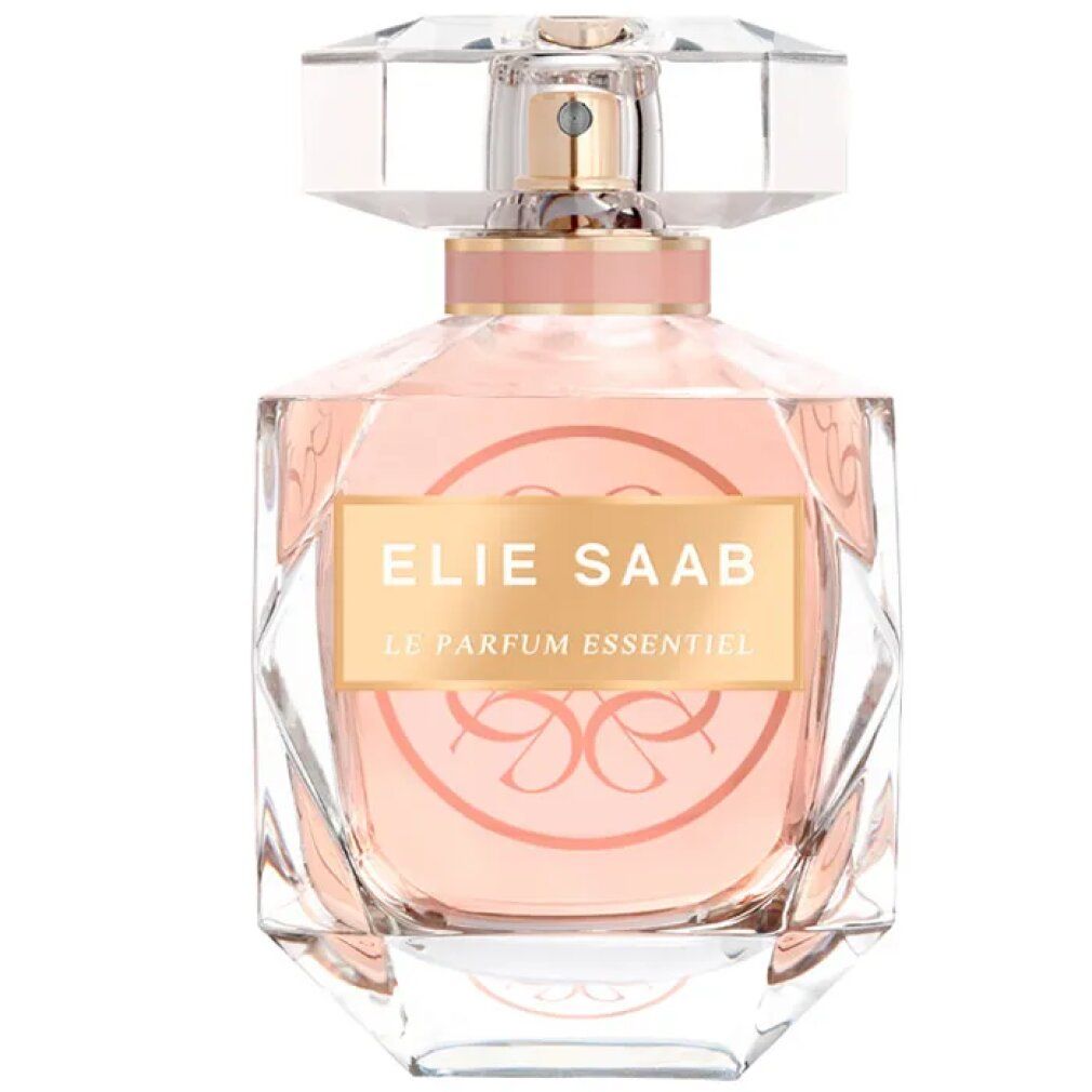 Parfümflakon mit rosa Flüssigkeit. Aufschrift: ELIE SAAB LE PARFUM ESSENTIEL. Transparenter Deckel.