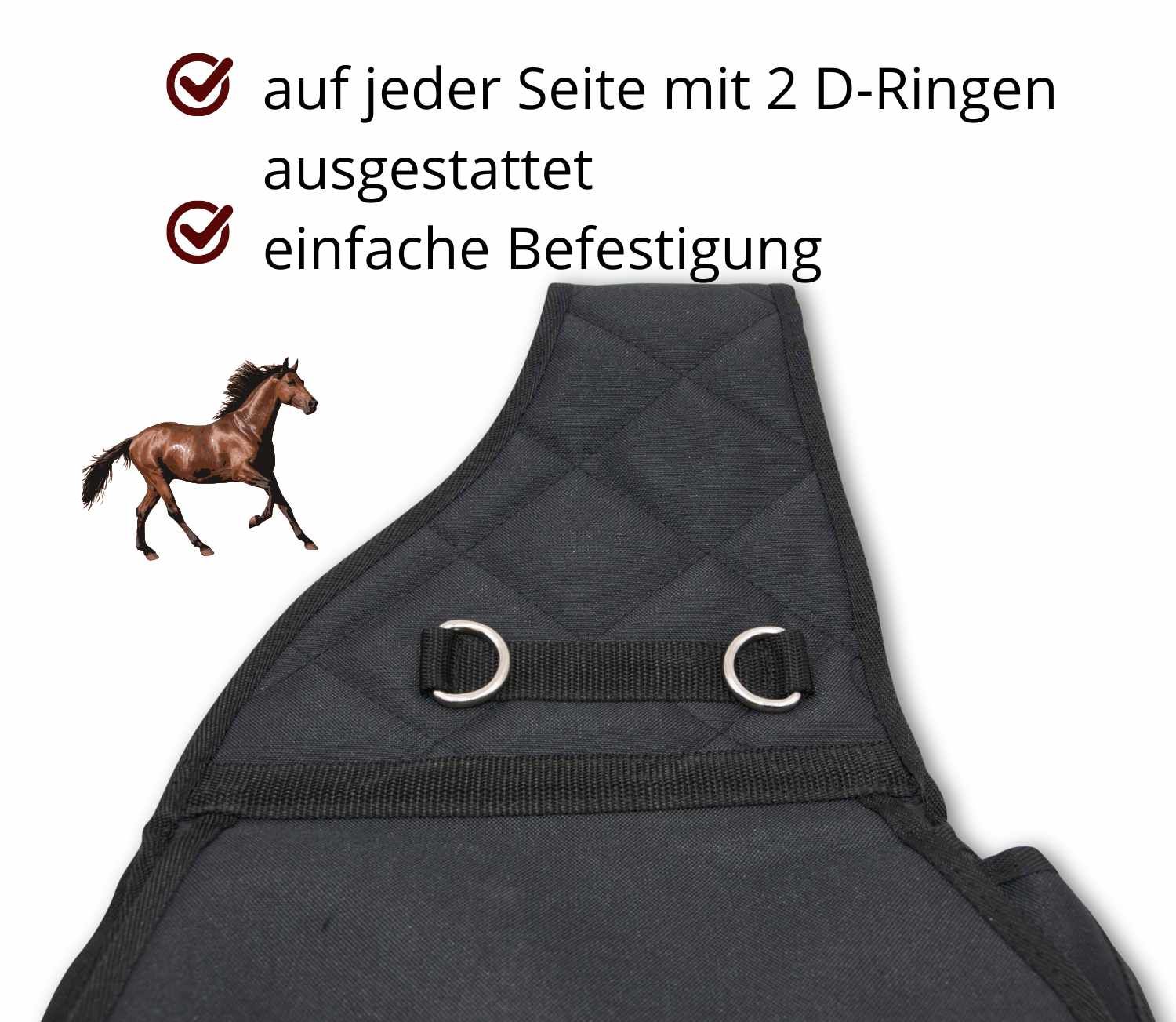 Schwarze Satteltasche mit zwei D-Ringen. Gepolstertes Design. Einfache Befestigung.
