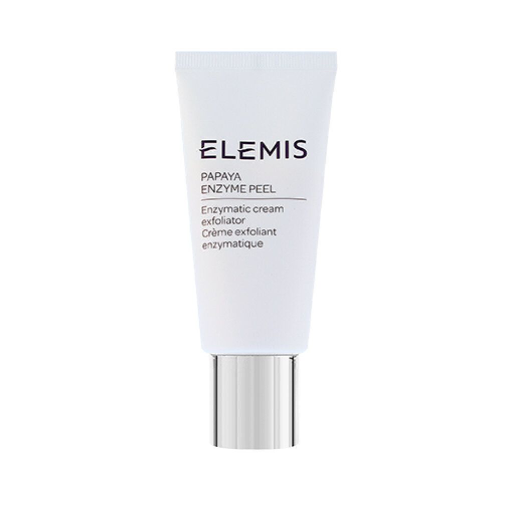 Weisse Tube mit silbernem Verschluss. Aufschrift: Elemis Papaya Enzyme Peel.