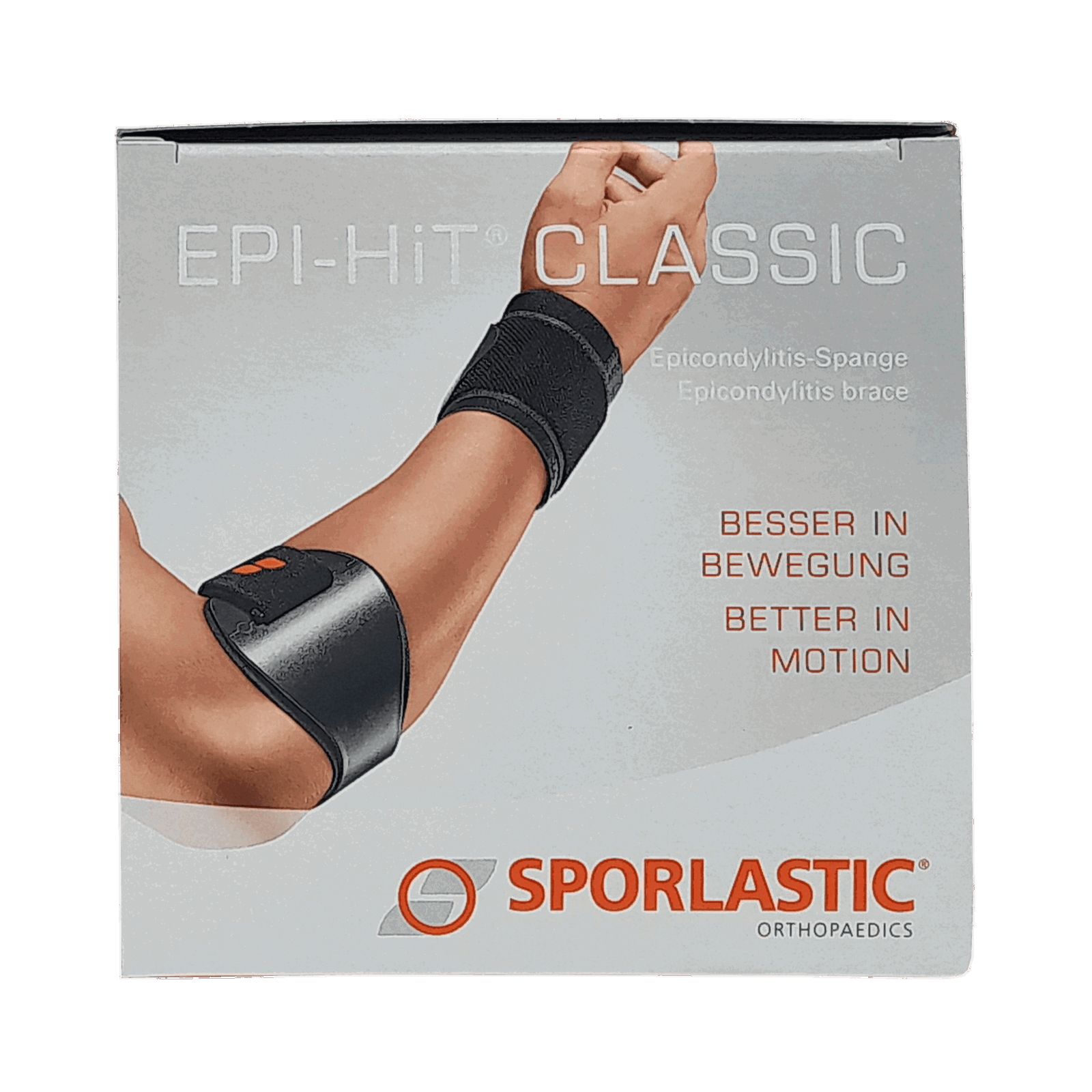 Produktverpackung mit Armorthese. Text: EPI-HIT CLASSIC, SPORLASTIC. Aufschrift: BESSER IN BEWEGUNG, BETTER IN MOTION. Gezeigt ist ein Arm mit Orthese.