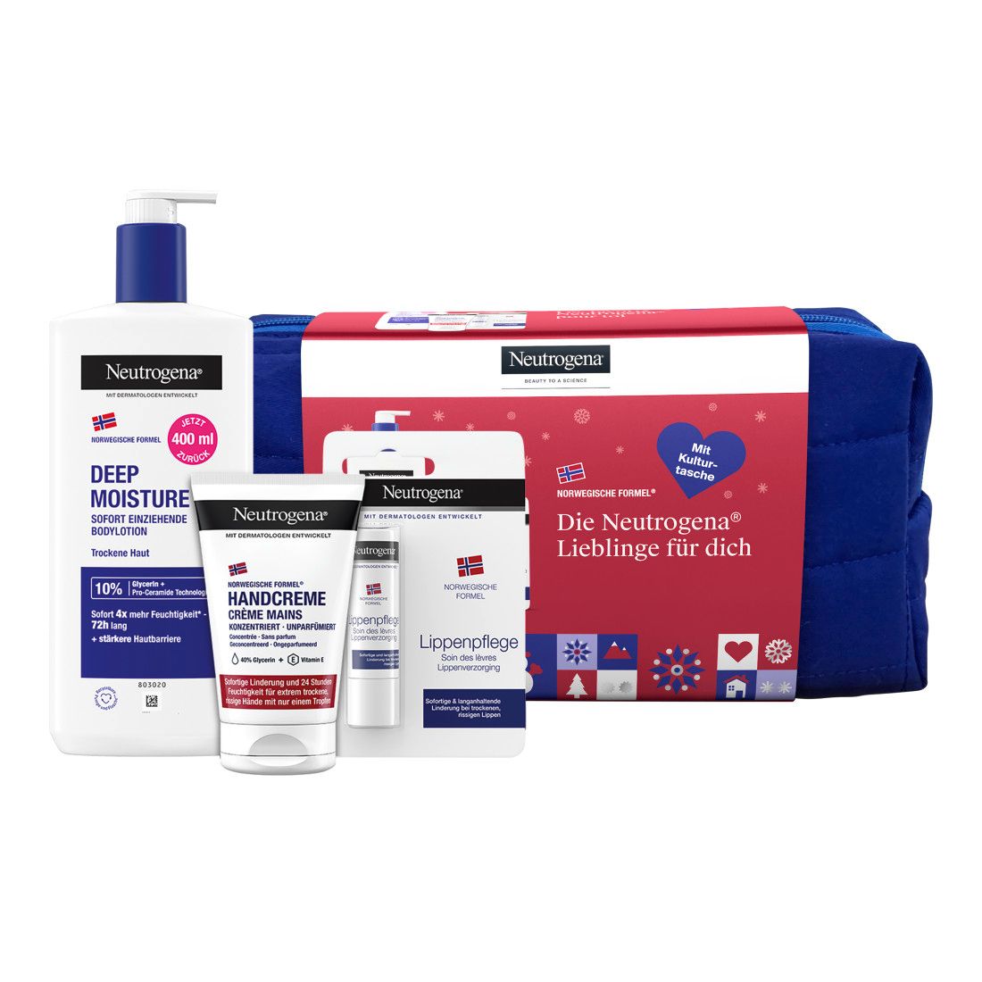 Geschenkset mit Produkten von Neutrogena. Enthält Bodylotion, Handcreme, Lippenpflege und ein blaues Handtuch. Verpackung mit Schriftzug.