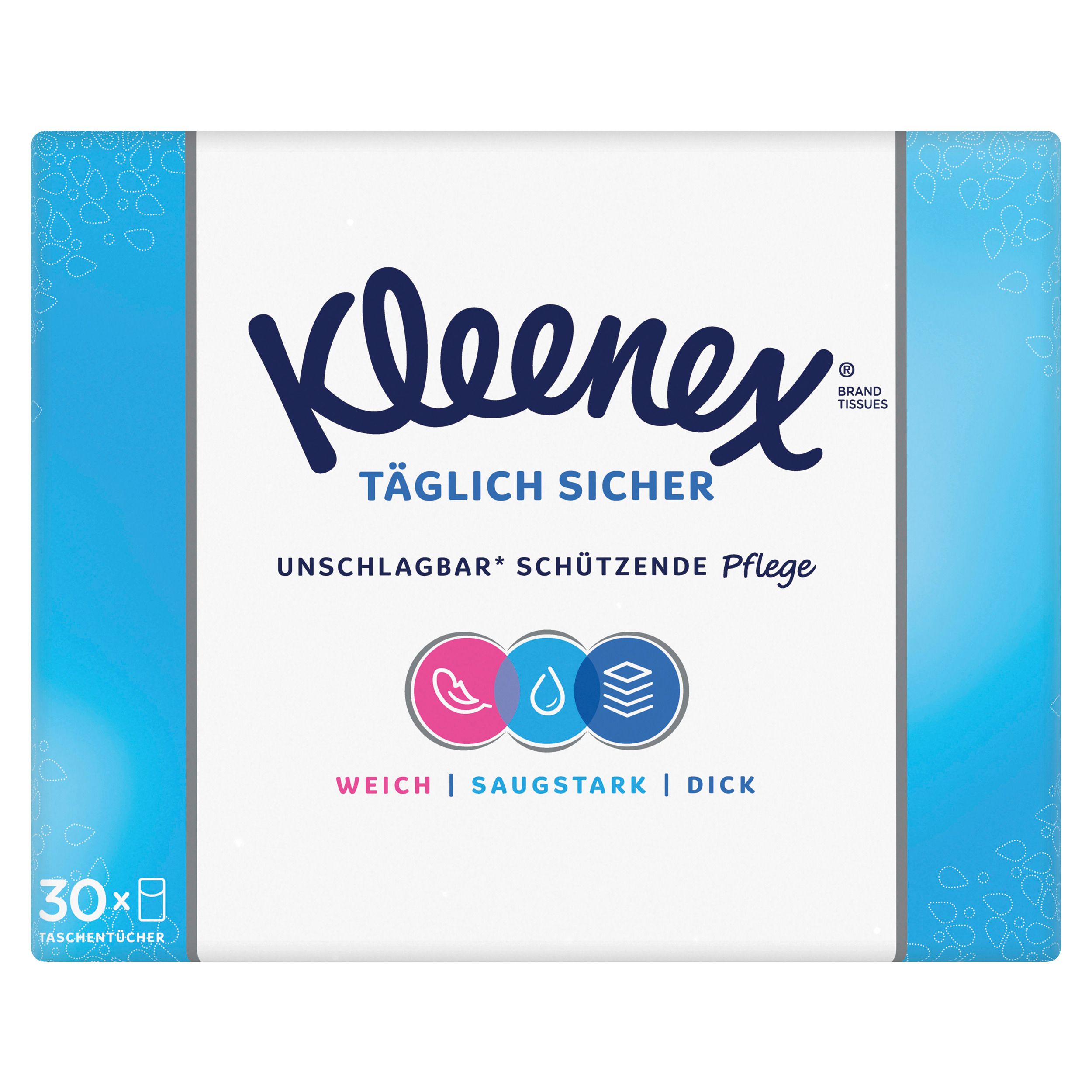 Kleenex-Taschentücher-Packung. Weiße Vorderseite mit blauem Rand. Aufdruck: Kleenex, Täglich Sicher, Logos und Text.