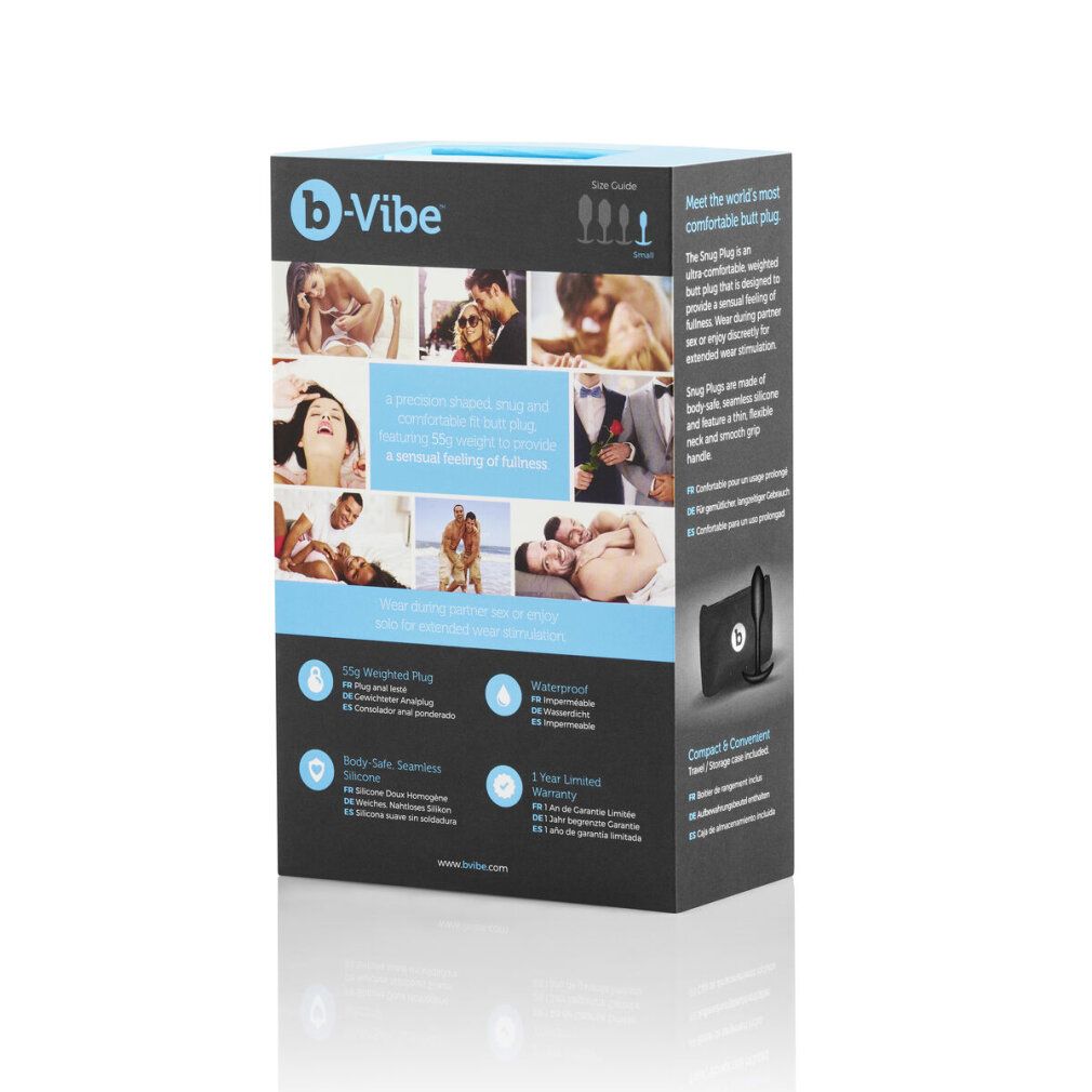 Produktverpackung mit Bildern und Text. Marke B-vibe. Informationen zu Material und Eigenschaften.