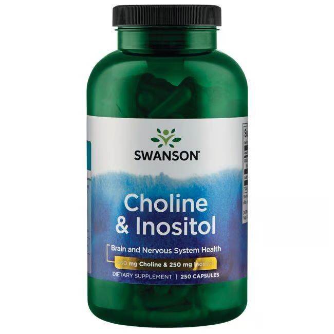 Grüne Flasche mit SWANSON Cholin & Inositol Kapseln. Aufschrift: Brain & Nervous System Health. 250 Kapseln.