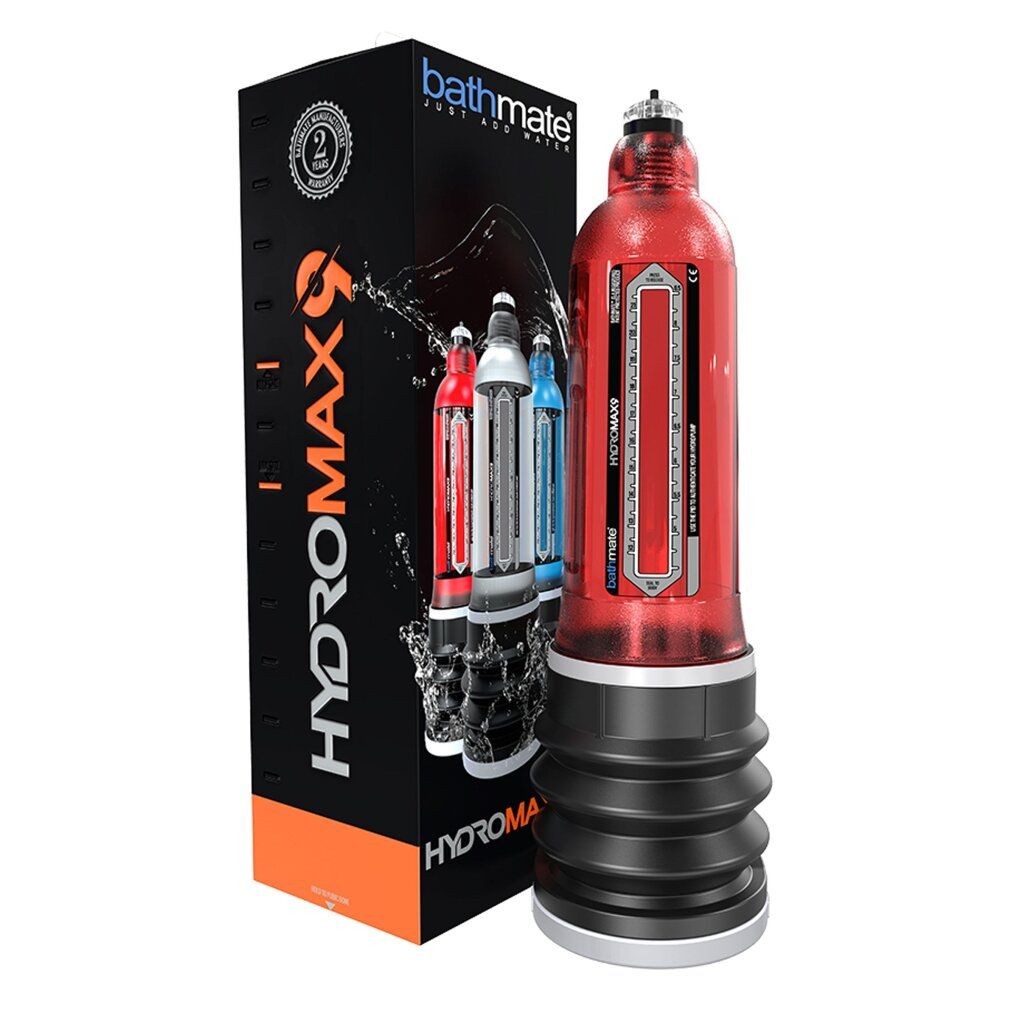 Produktverpackung mit rotem HydroMax9-Gerät. Schwarze Verpackung mit Produktnamen und Logo. Gerät mit schwarzem Balg und rotem Zylinder.