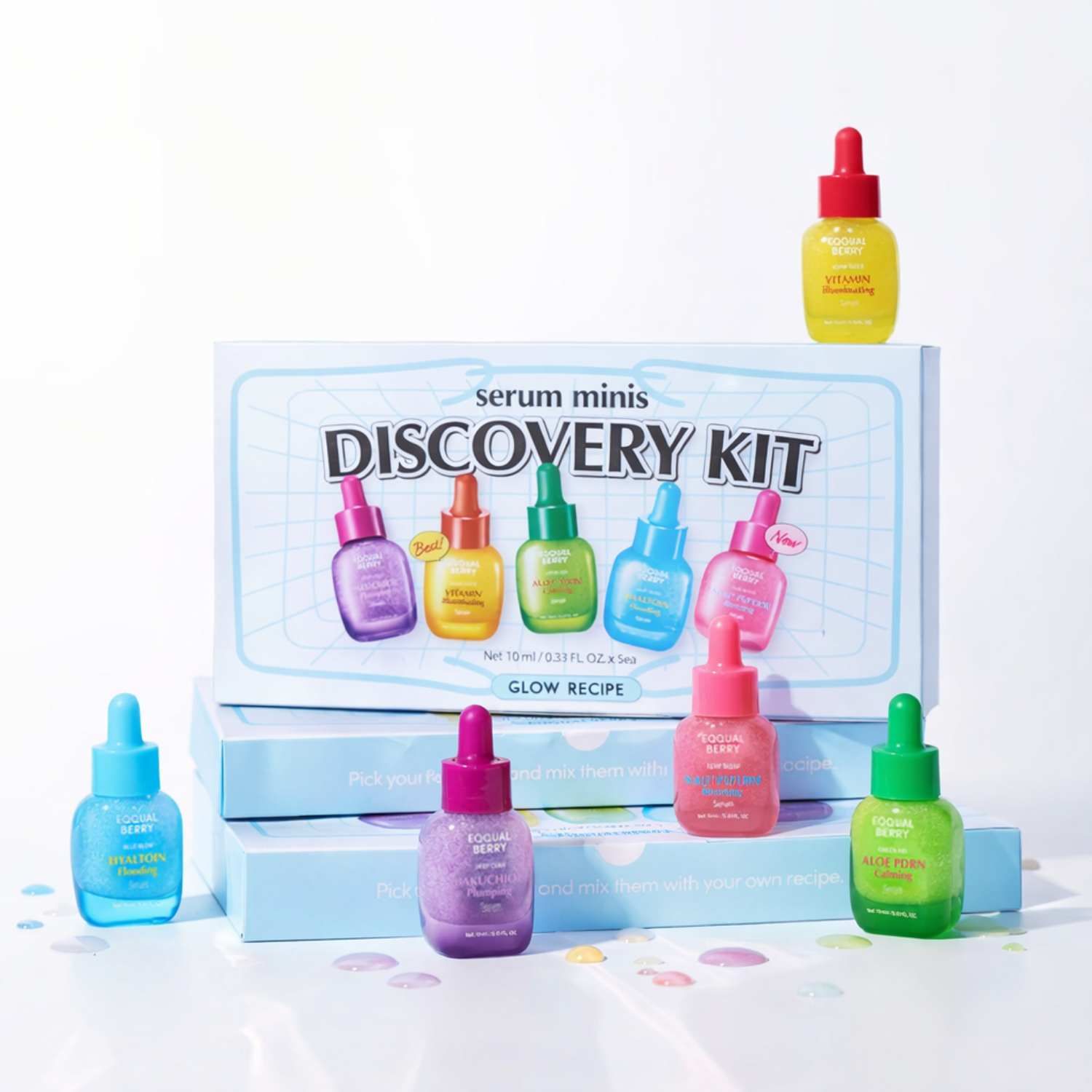 Eine Schachtel mit Serum-Minis und sechs Flaschen. Jede Flasche hat eine andere Farbe. Der Text lautet: Discovery Kit.