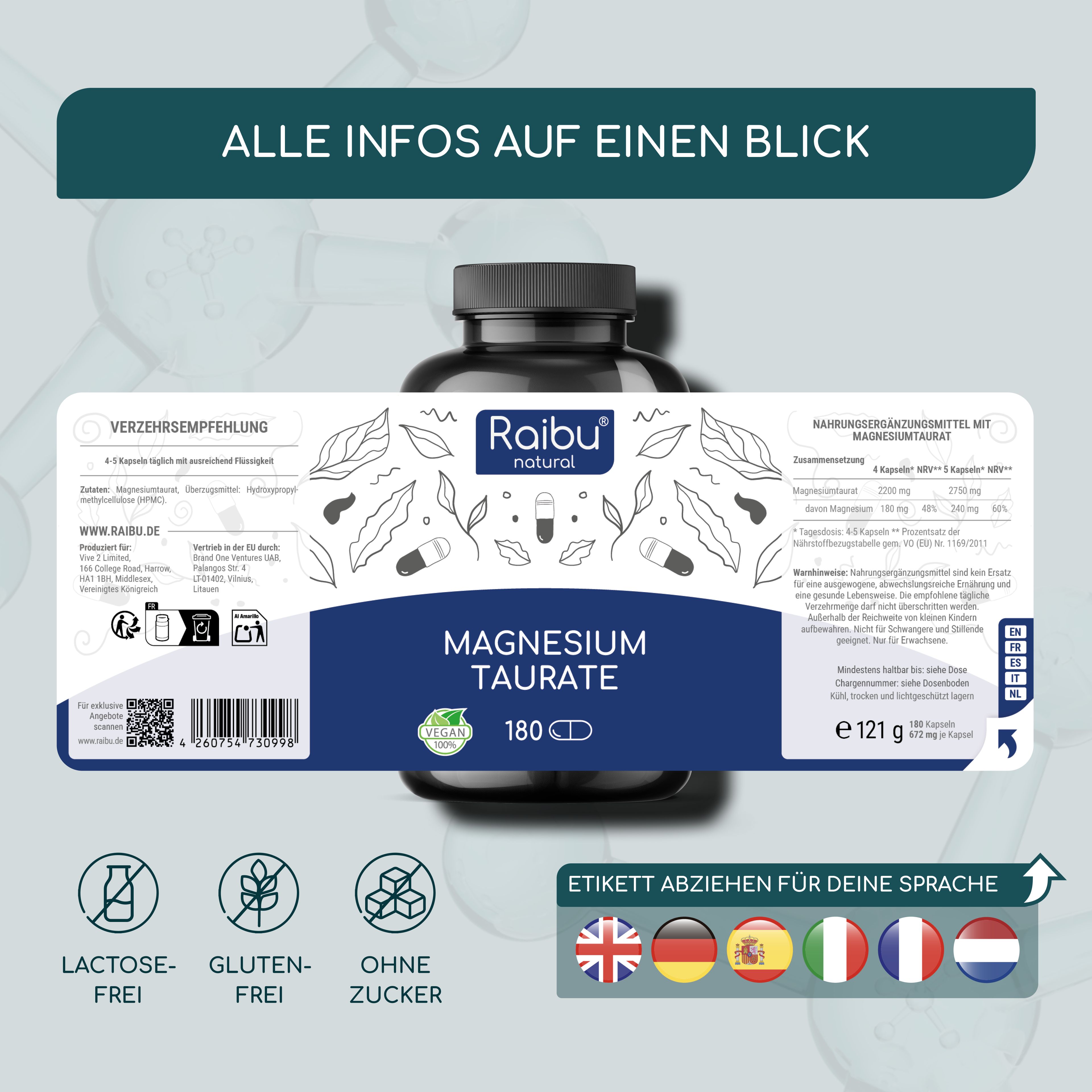 RAIBU Magnesium Taurat 2750 mg pro Tag - Für Muskeln & Nerven