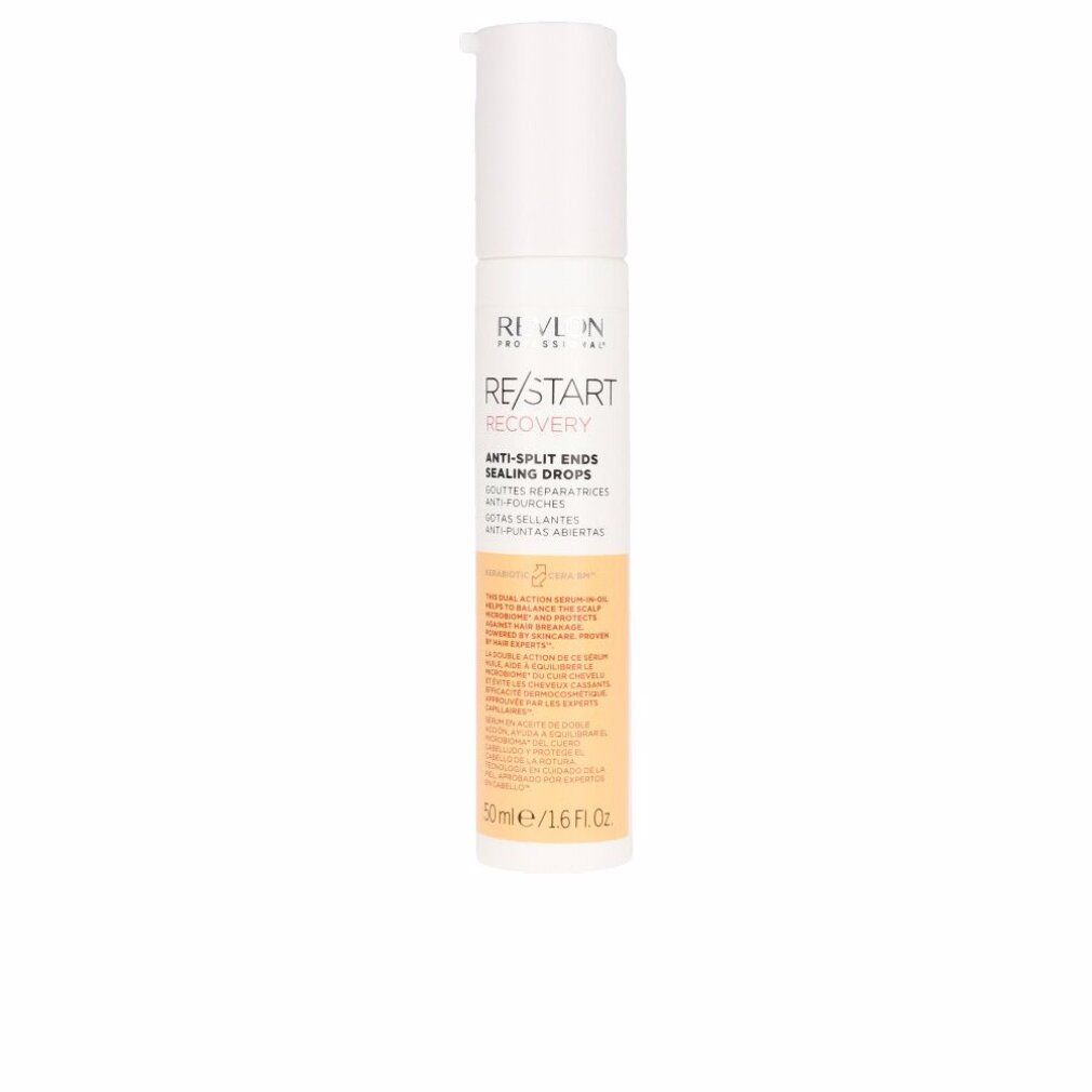 Weiß-orange Flasche mit Produkttext: RE/START RECOVERY Anti-Split Ends Sealing Drops. 50ml/1.6 fl.oz.