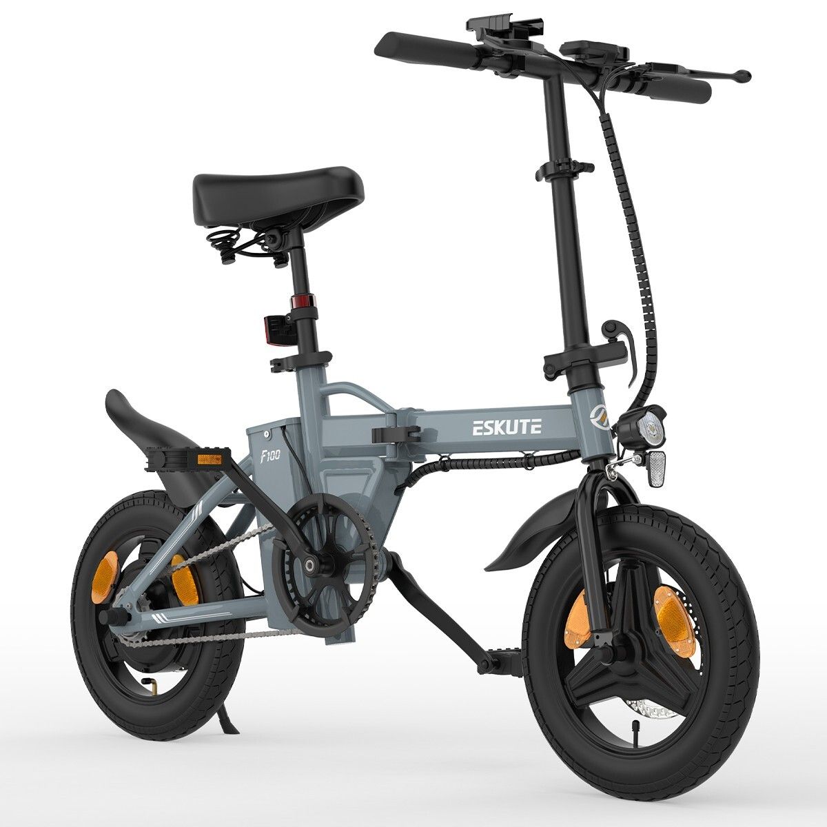 Graues, zusammenklappbares E-Bike. Schwarze Reifen, Sattel und Lenker. Marke ESKUTE, Modell F100.