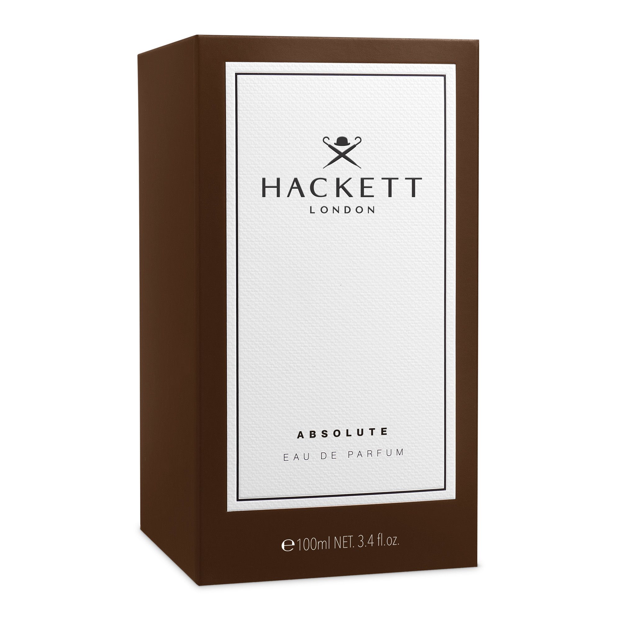 Braune rechteckige Verpackung. Aufschrift: Hackett London, Absolute Eau de Parfum. Weißes Etikett.