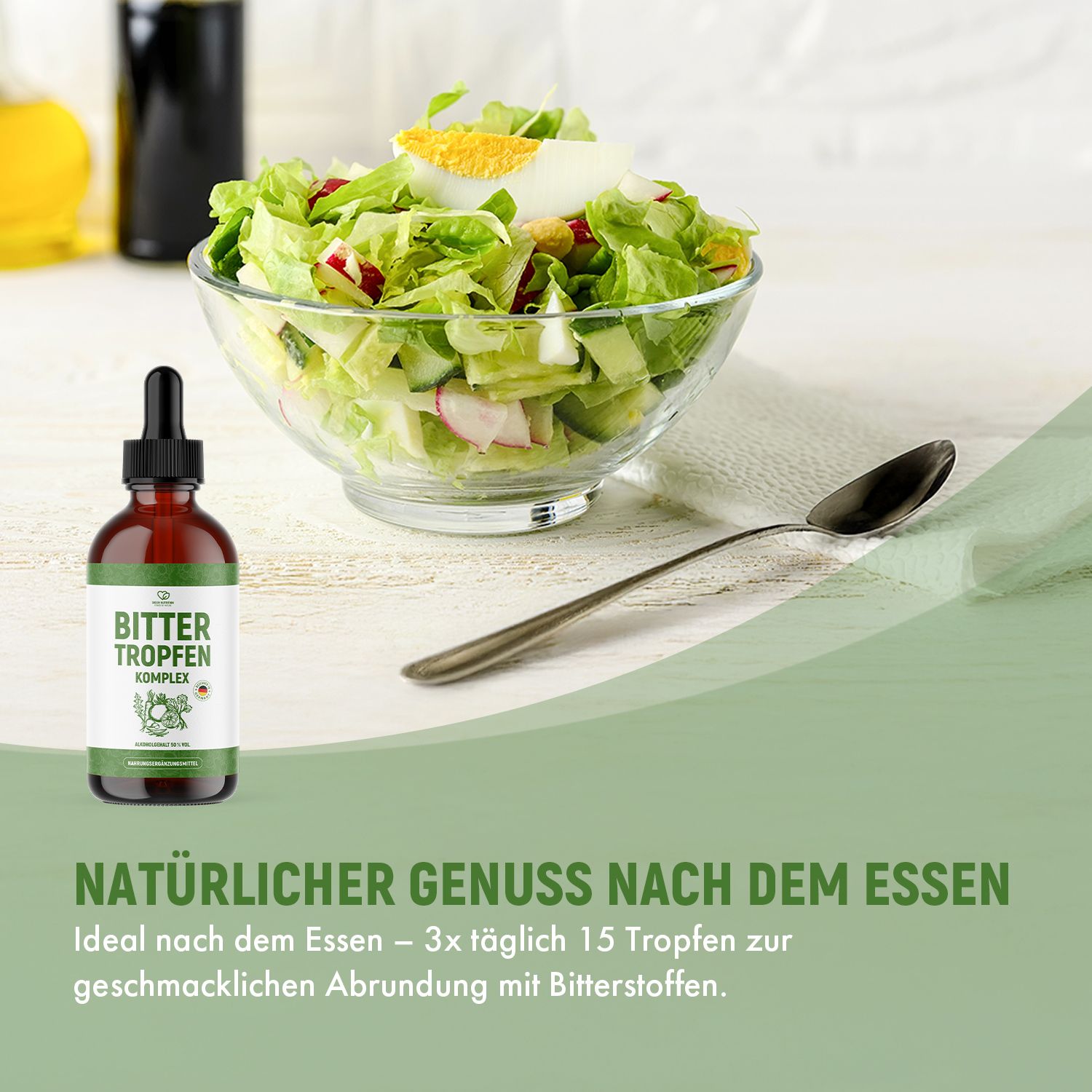 Glas mit Salat und Ei neben einer Flasche Bitter Tropfen. Aufschrift: Bitter Tropfen Komplex. Natürlicher Genuss nach dem Essen.