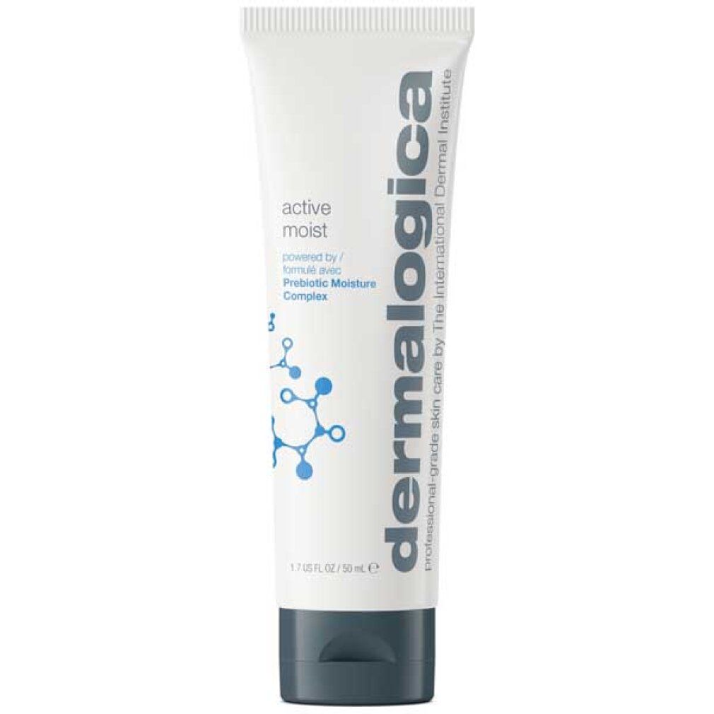 Weiße Tube mit Dermalogica Active Moist Aufschrift und molekularem Strukturmotiv.
