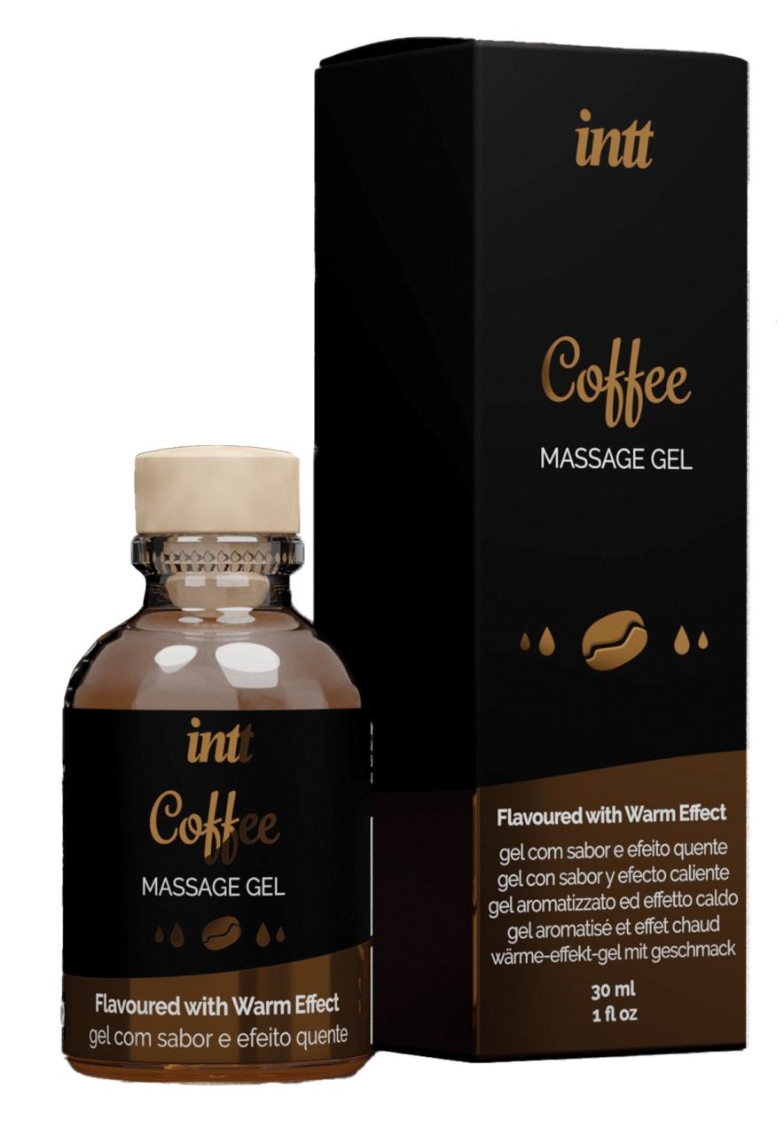 Braune Glasflasche mit schwarzem Etikett und schwarzer Schachtel. Aufschrift: intt Coffee Massage Gel.