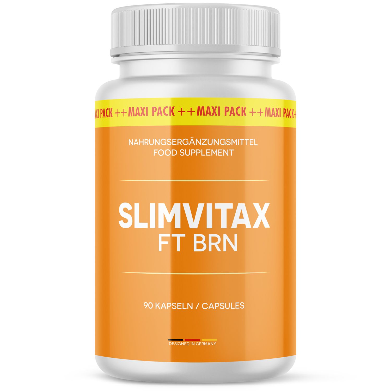 Slimvitax FT BRN Kapseln: Orangefarbene Dose mit 90 Kapseln, Nahrungsergänzungsmittel.