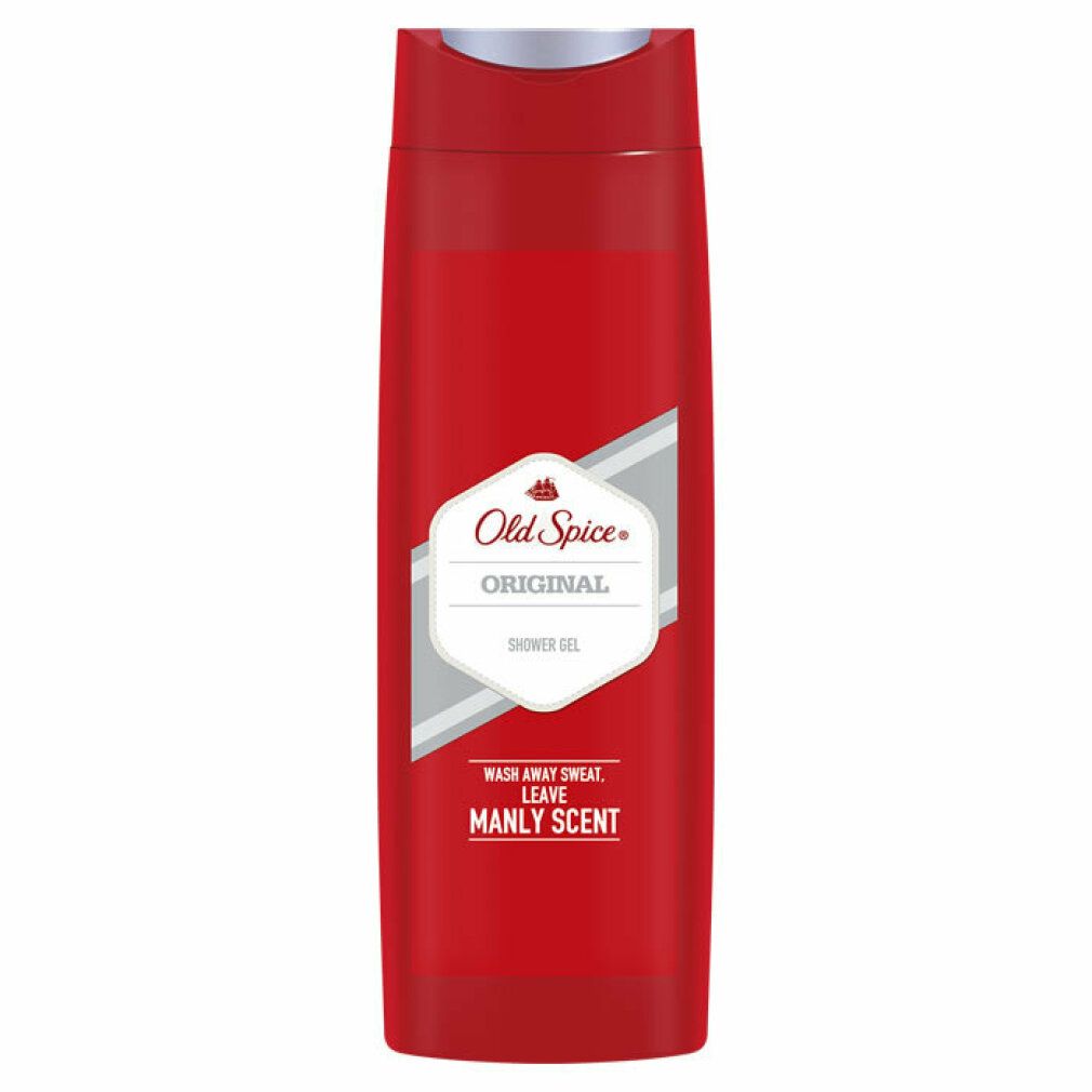 Rote Duschgel-Flasche. "Old Spice Original" und "Shower Gel" auf dem Etikett. "Wash away sweat, leave manly scent".