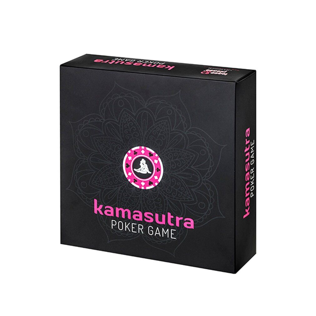 Schwarze Box mit pinkfarbenem "Kamasutra Poker Game"-Logo. Mandala-Design und Pokerchip-Illustration.
