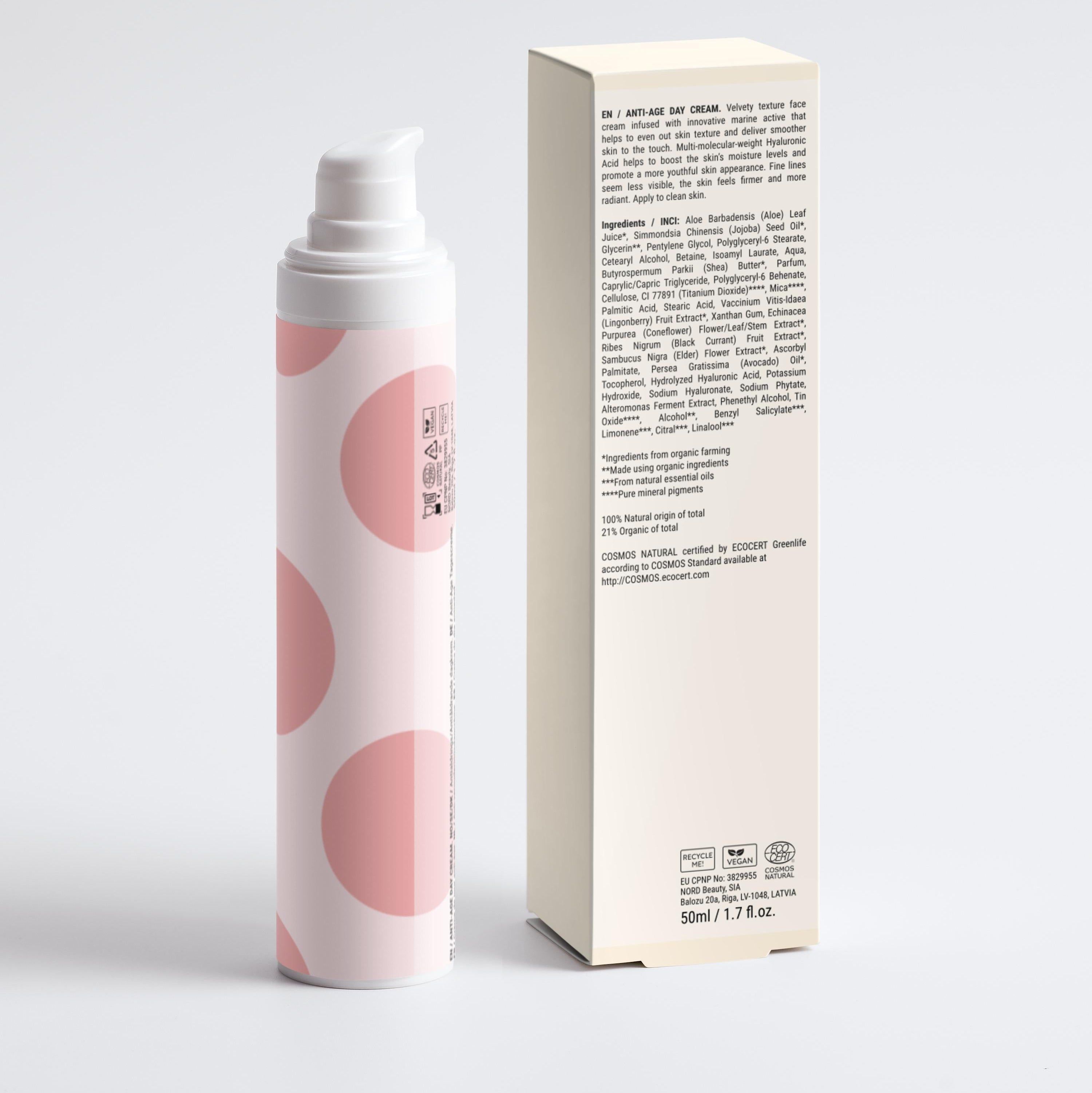 Flasche mit Pumpspender und Umverpackung für Anti-Aging Tagescreme, hellrosa mit Kreisen.