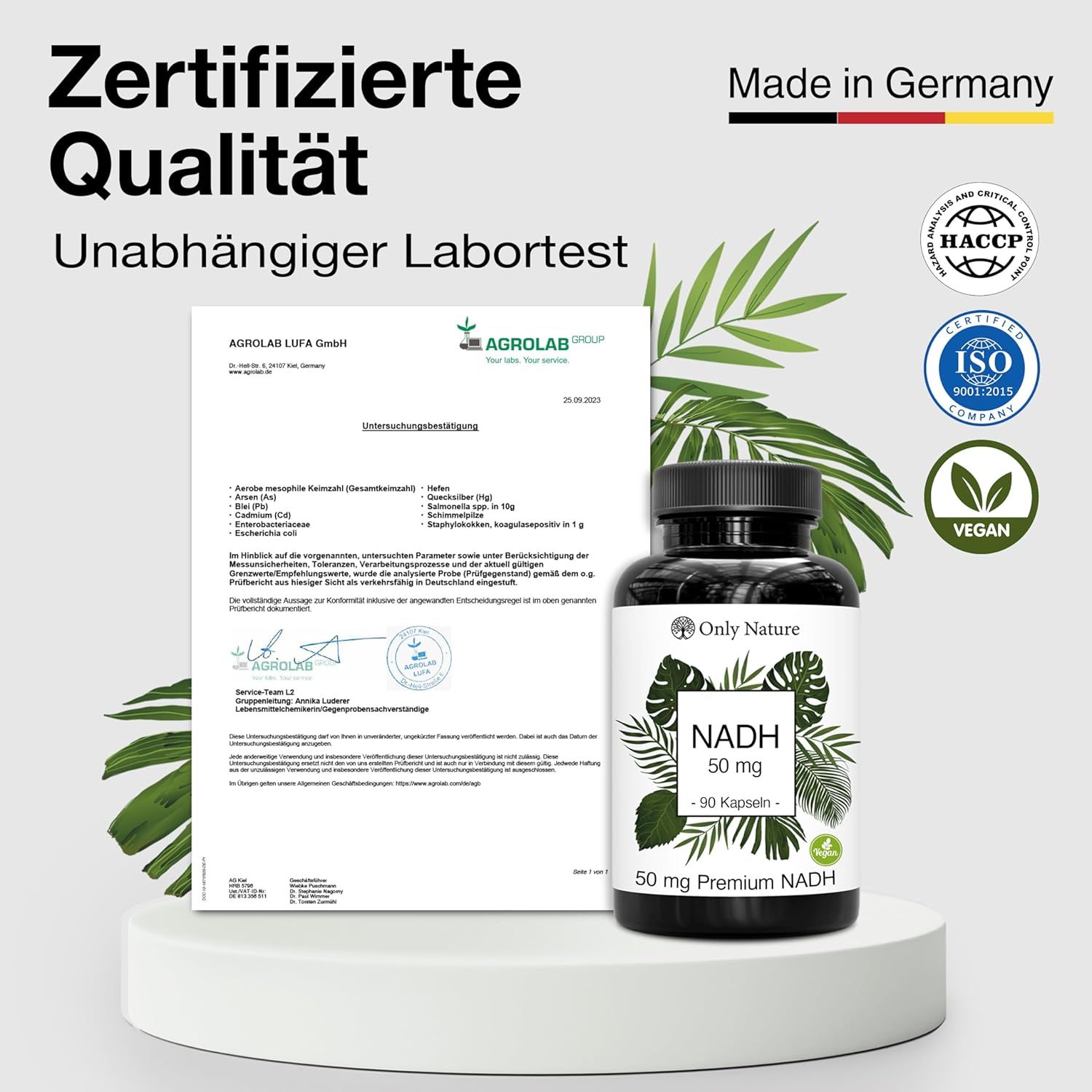 Flasche Only Nature NADH Kapseln. Zertifizierte Qualität. Unabhängiger Labortest. HACCP, ISO 9001:2015, vegan.