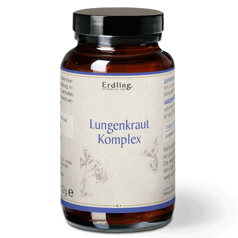 Braune Glasflasche mit schwarzem Deckel. Aufschrift: Erdling Lungenkraut Komplex. Etikett mit floralen Illustrationen.