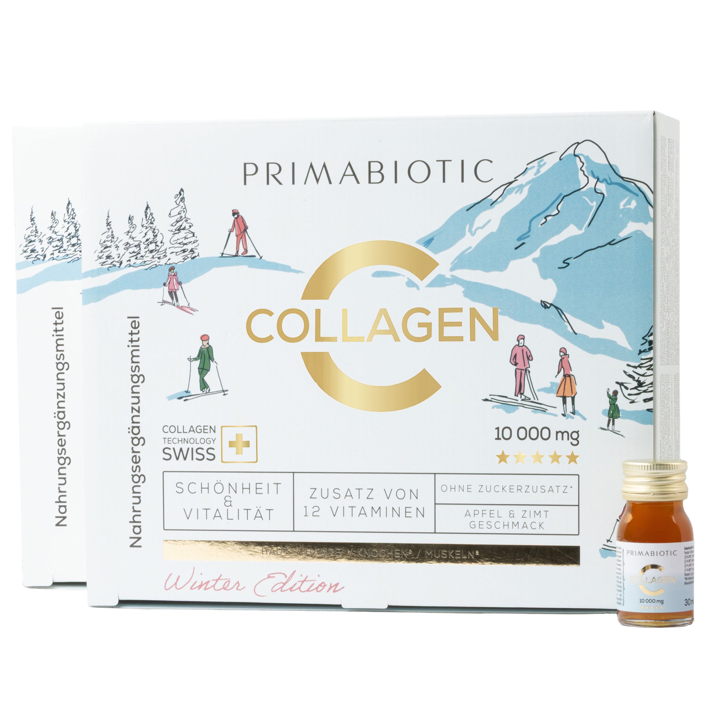 Box mit PRIMABIOTIC Collagen. Aufschrift: Collagen. 10.000 mg. Winter Edition. Kleine Flasche daneben.