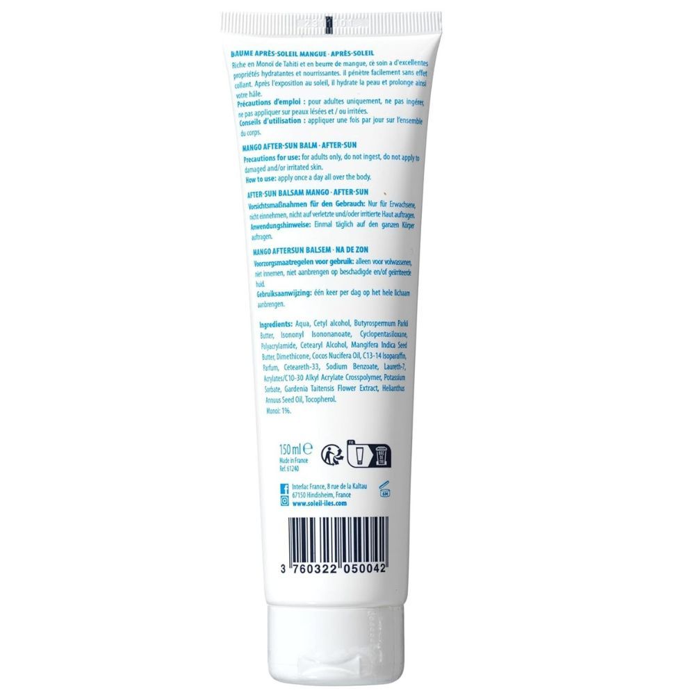 Rückseite einer Tube. Text: Après-Soleil Balsam Mango. Inhaltsstoffe und Anwendungshinweise. Volumen: 150ml.