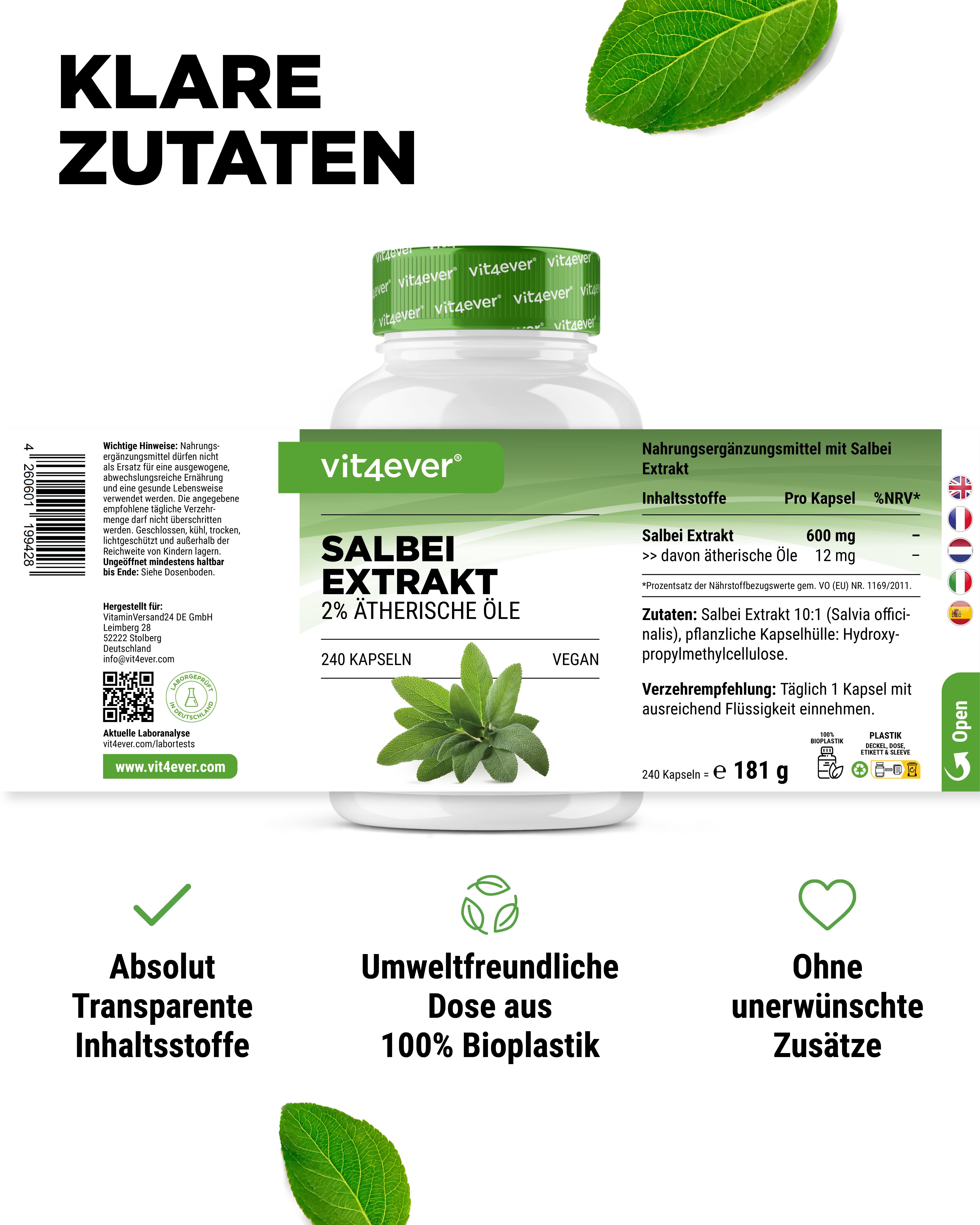 Flasche mit Salbei Extrakt, 2% ätherische Öle, 240 Kapseln. Text: Klare Zutaten. Nährwertangaben. Icons: transparente Inhaltsstoffe, etc.