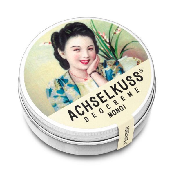 ACHSELKUSS Deocreme Monoi in runder Metalldose mit retro-Illustration einer Frau.
