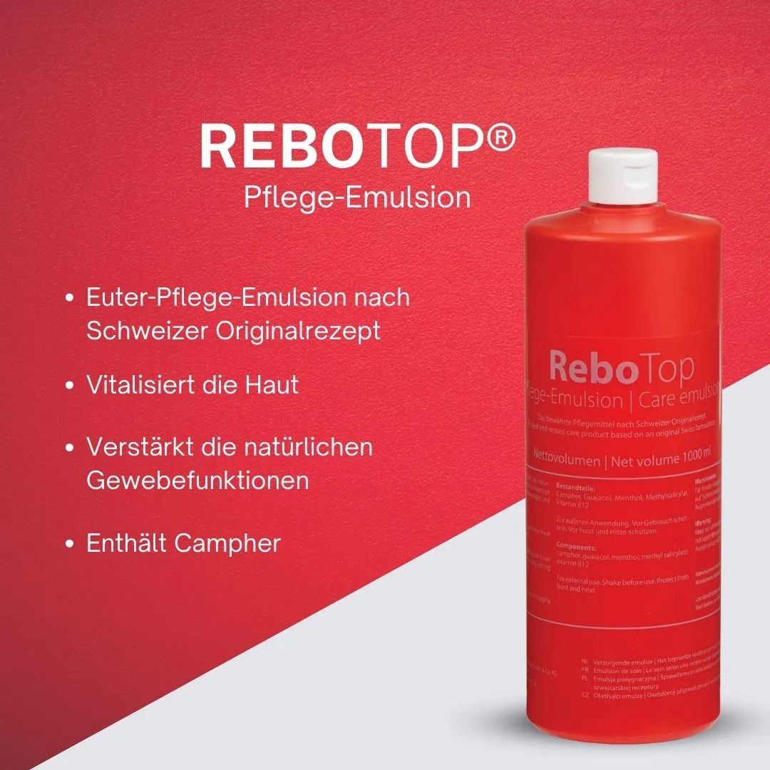 Rote Flasche ReboTop Pflege-Emulsion mit Textpunkten zu ihren Vorteilen und Schweizer Originalrezept.