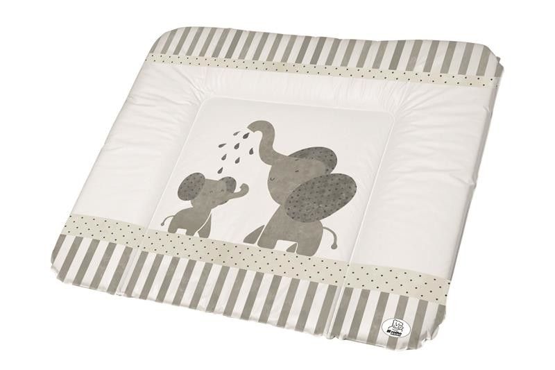 Wickelauflage mit Elefanten-Motiv. Rechteckig, weiß mit grauem Rand und Streifen. Zwei Elefanten-Illustrationen.