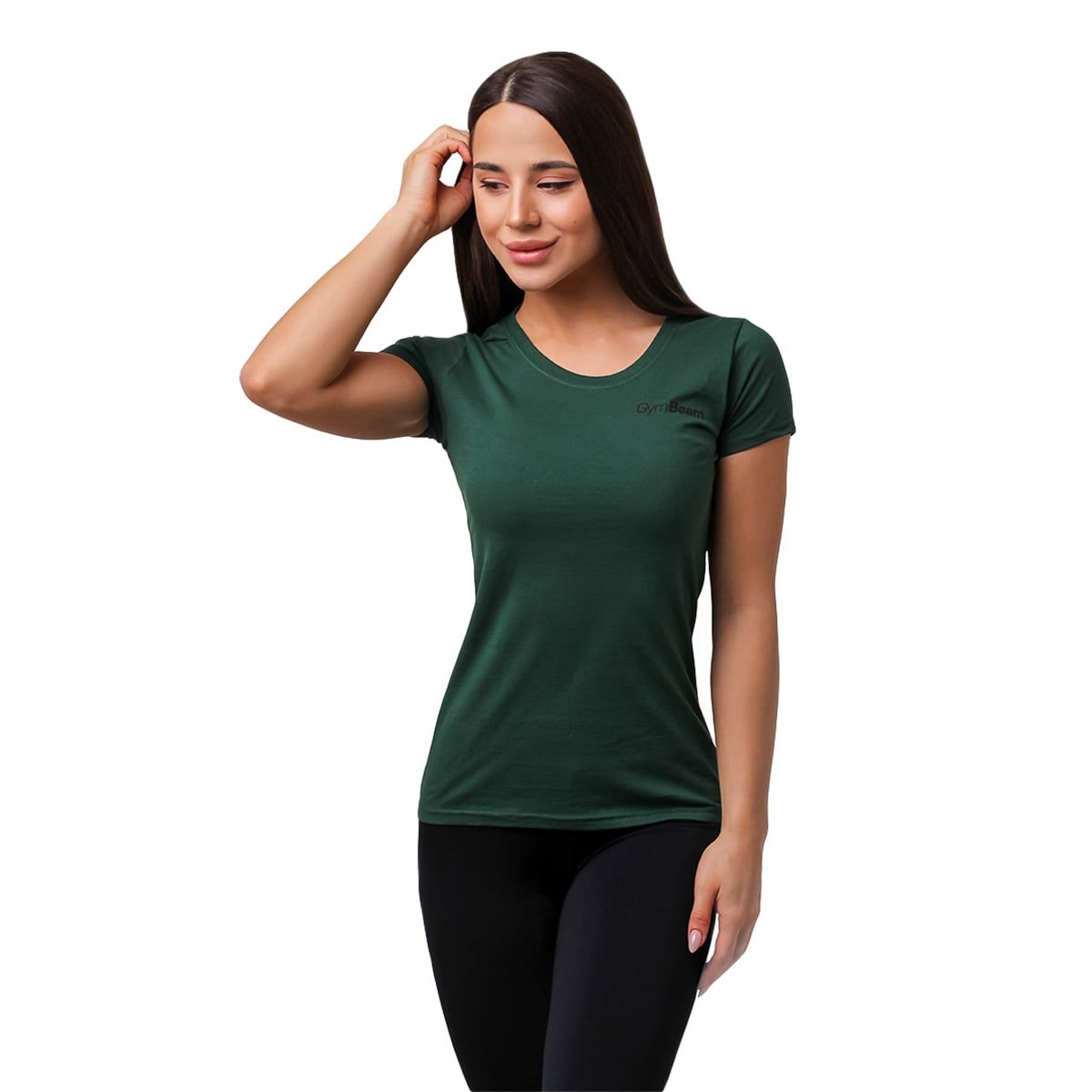 Damen T-Shirt Dunkelgrün, Slim Fit, Rundhalsausschnitt. Frau berührt ihr Haar.
