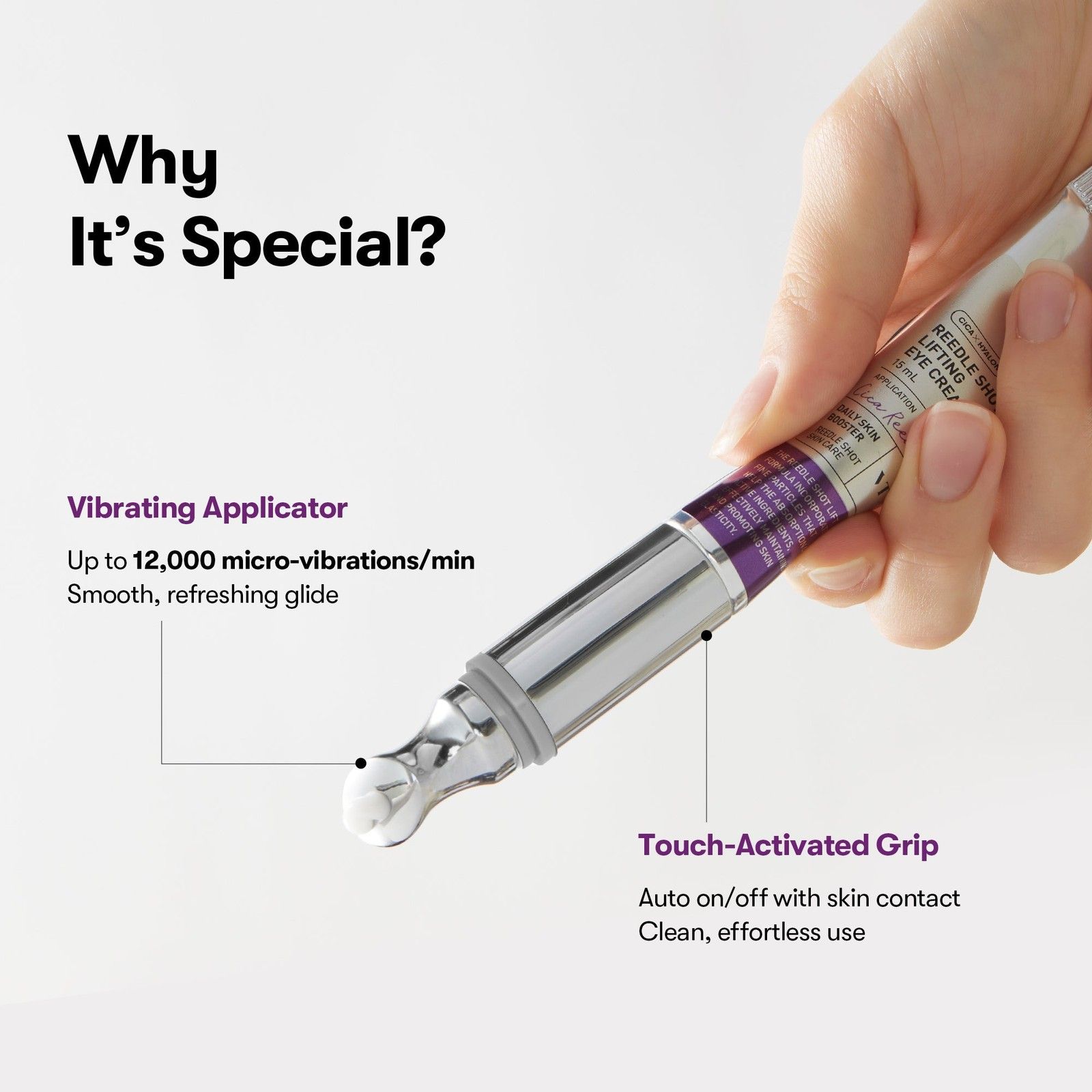VT COSMETICS Reedle Shot Lifting Cream: Vibrationsapplikator und Touch-Aktivierung.