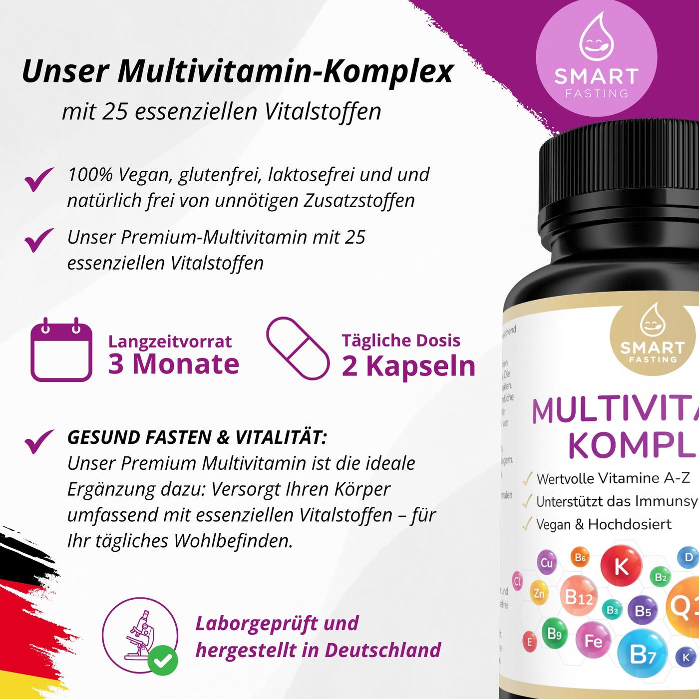 Braune Flasche mit weißen Kapseln. Aufschrift: Multivitamin Komplex, Vitamin A-Z, vegan, hochdosiert. 180 Kapseln. Zusätzliche Texte.