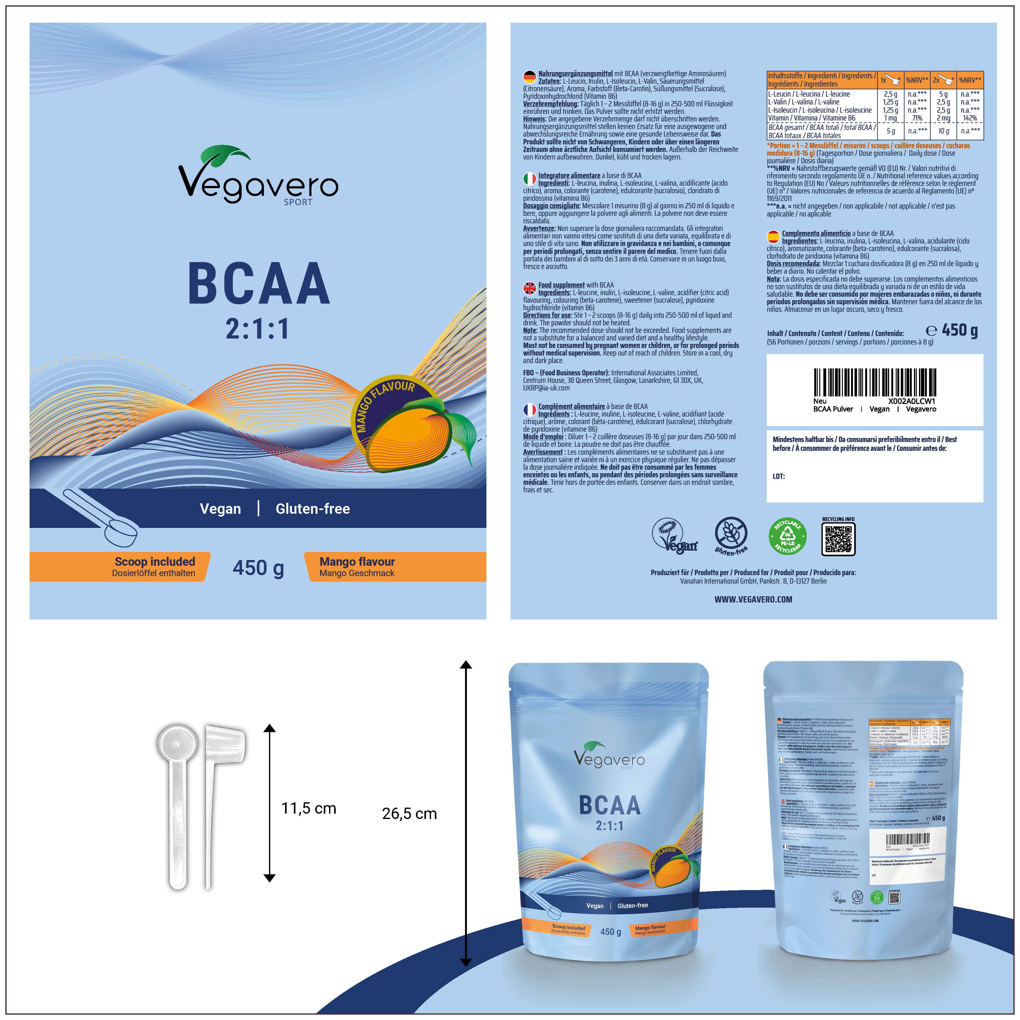 Produktverpackung mit BCAA Pulver. Enthält Informationen, Maße und einen Messlöffel. Aufschrift: Vegavaro, BCAA 2:1:1, Mango Flavour, Vegan, Gluten-frei.