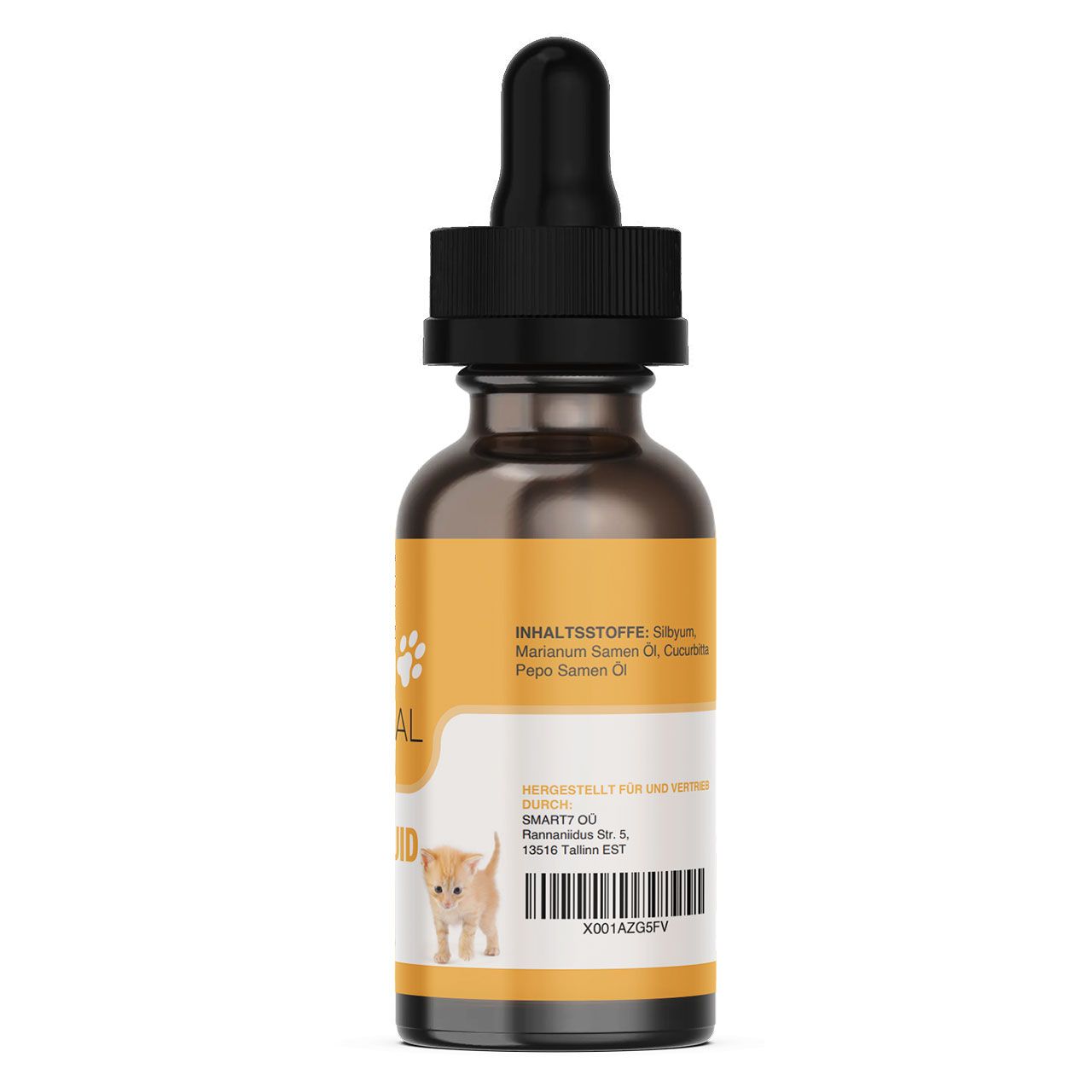 Braune Glasflasche mit schwarzem Tropfer. Etikett mit "HELLO ANIMAL" und "WURM LIQUID". Inhaltsstoffe und Kätzchen-Abbildung.