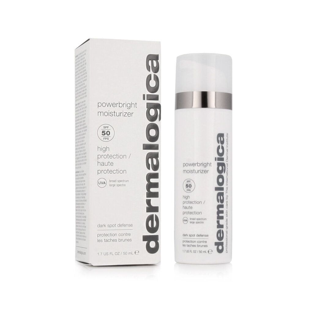Weiße Flasche und Schachtel. Text: Powerbright Moisturizer, SPF 50, Dermalogica. High protection. Dark spot defense.