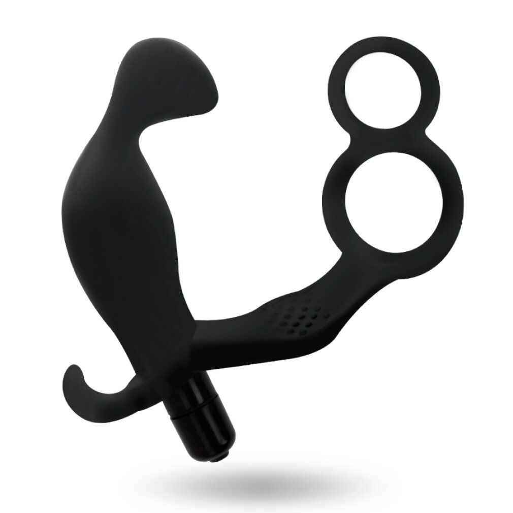 Schwarzes Wellness-Produkt mit doppelten Penisringen und gebogenem Schaft. Perspektivische Ansicht.
