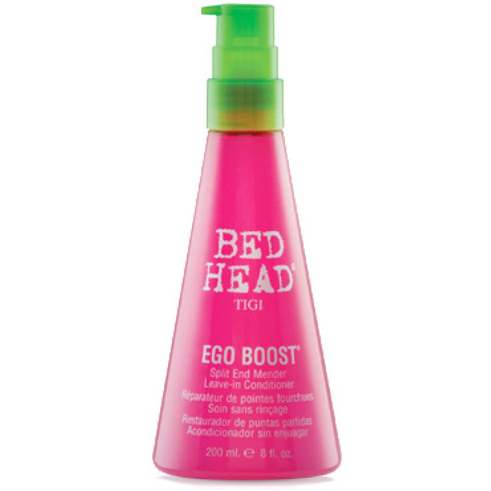 Rosa Flasche mit grünem Pumpkopf. Aufschrift: BED HEAD, TIGI, Ego Boost. Leave-in Conditioner für Spliss. 200 ml, 6 fl. oz.