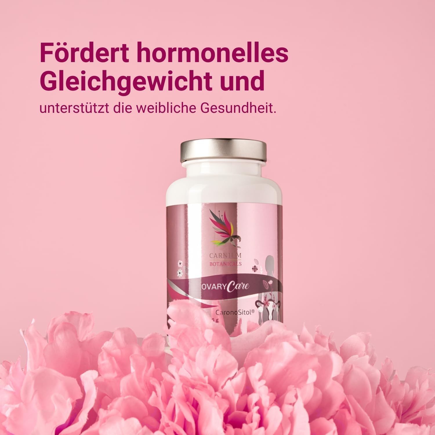 Weißes Pillenbehälter mit rosa Etikett. Aufschrift: CARNIUM BOTANICALS, OVARY Care. Text: Fördert hormonelles Gleichgewicht und unterstützt die Gesundheit.