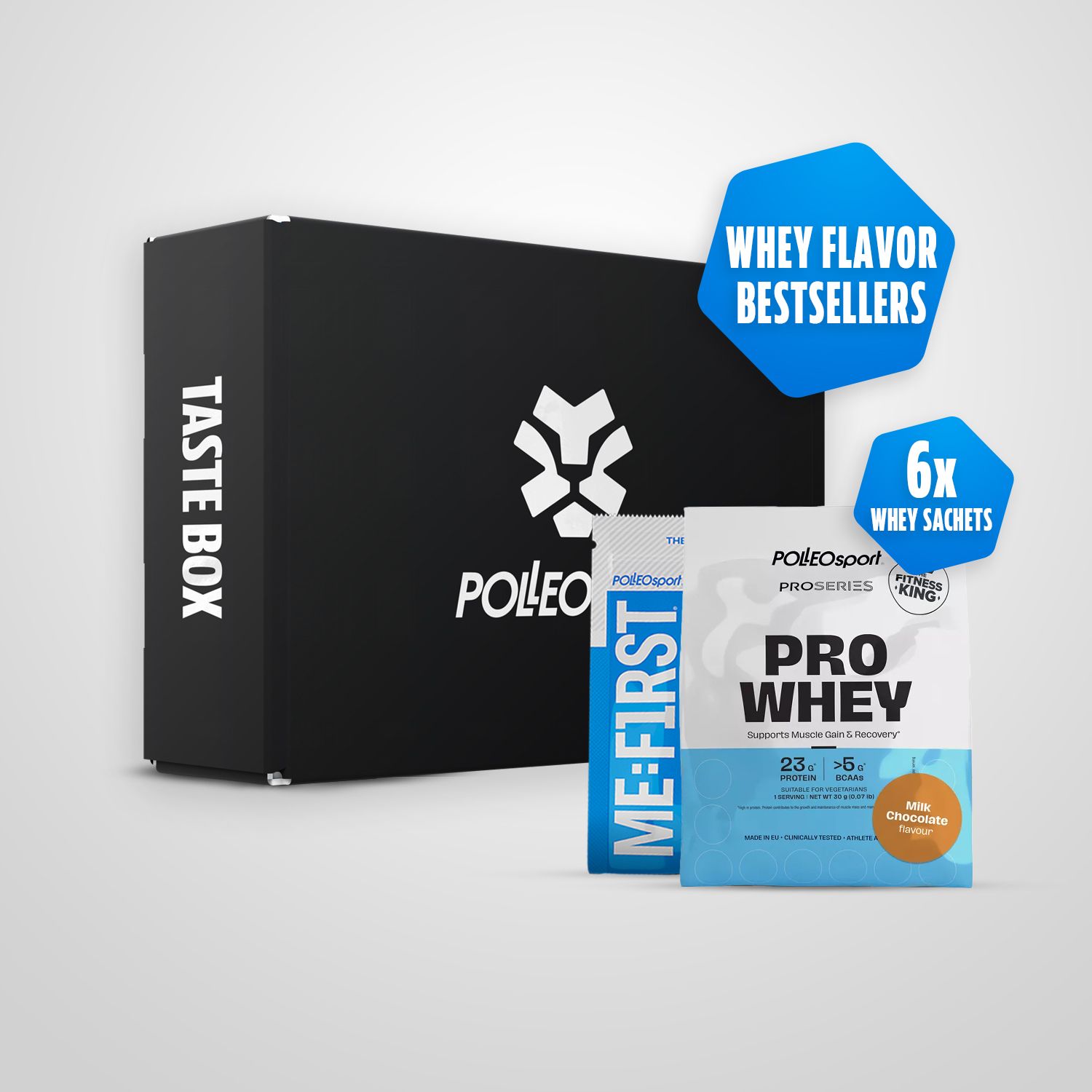 Schwarze Box mit Logo und Schriftzug "TASTE BOX". Daneben Whey-Protein-Proben und blaue Banner mit Text. 6 Sachets.
