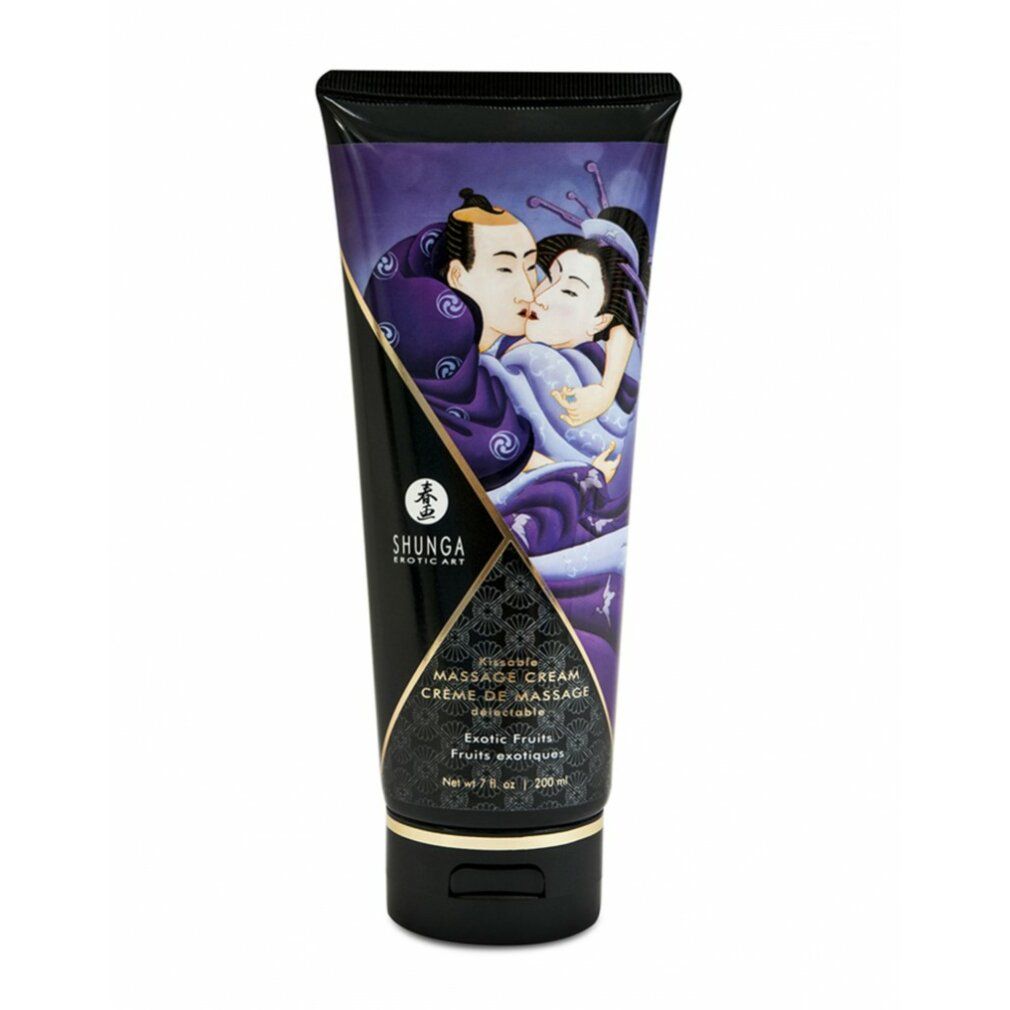 Tube Massagecreme, Shunga Exotic Art. Abbildung eines Paares. Aufschrift: Massage Cream, Exotic Fruits. Schwarzer Deckel, lila Tube.